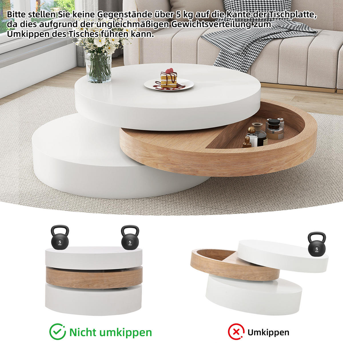 COUCHTISCH DE-37147 zylindrisch mit 360° drehbaren Platten und Stauraum Weiß/Natur - Weiß, Holzwerkstoff (60/60/35.1cm) - ComfortXL