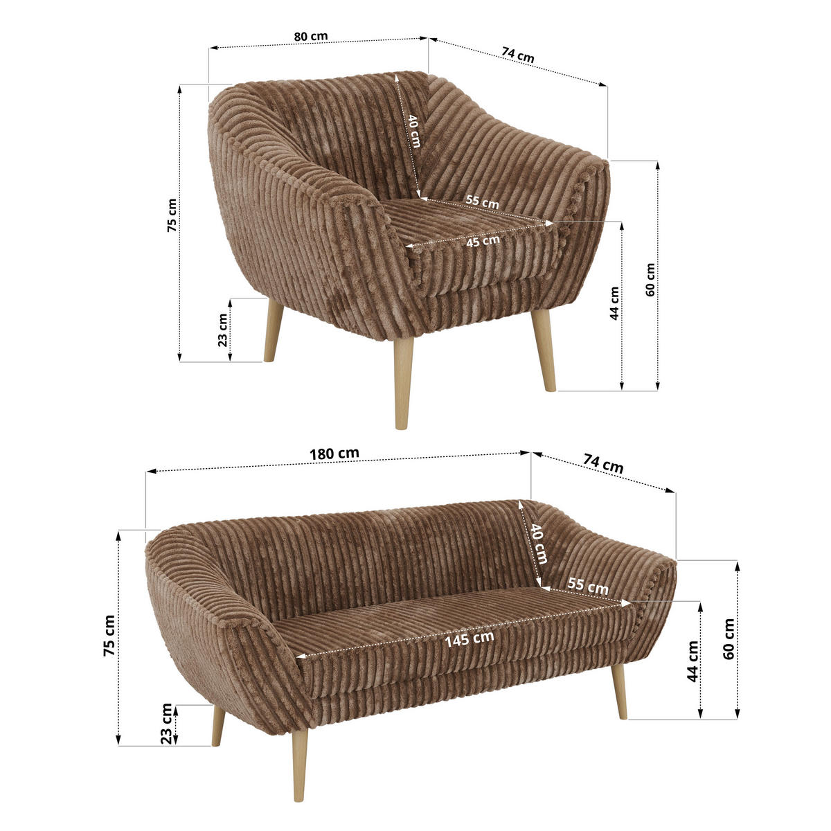 SEDACIA ZOSTAVA 3+1+1 PIRS - Hnedá Manšester - Drevené nohy - hnedá/farba buka, kompozitné drevo/textil (180/75/74cm) - MKS