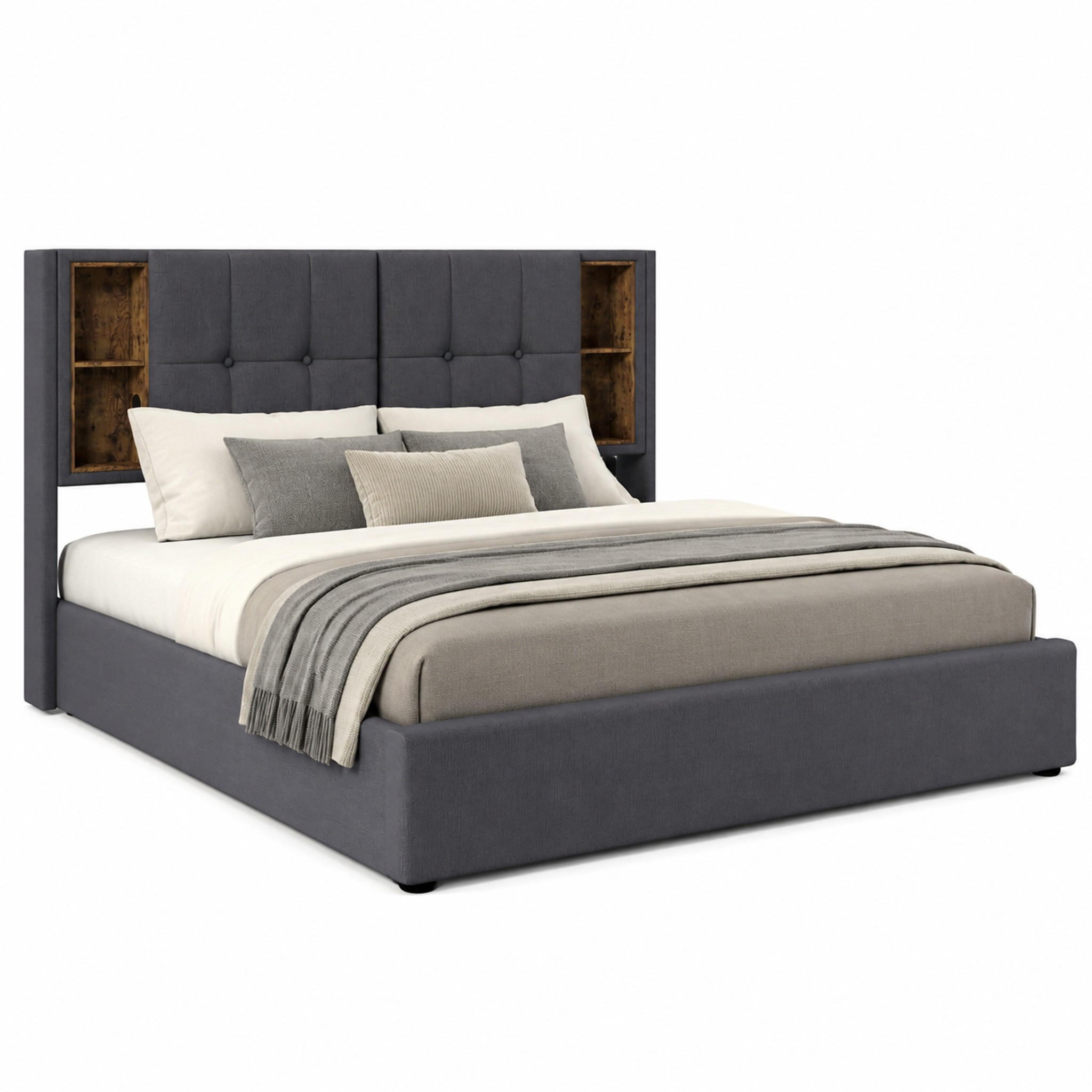 BETT mit Stauraum und USB 180x200 cm Baumwolle Grey - Grau, Metall (180/200cm) - Meubliv