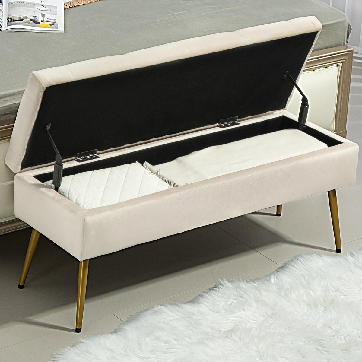 SITZBANK Polsterbank mit Stauraum Bettbank mit Samtoptik für Flur Metall Beige - Beige, Kunststoff (35/43/102cm) - HOMCOM