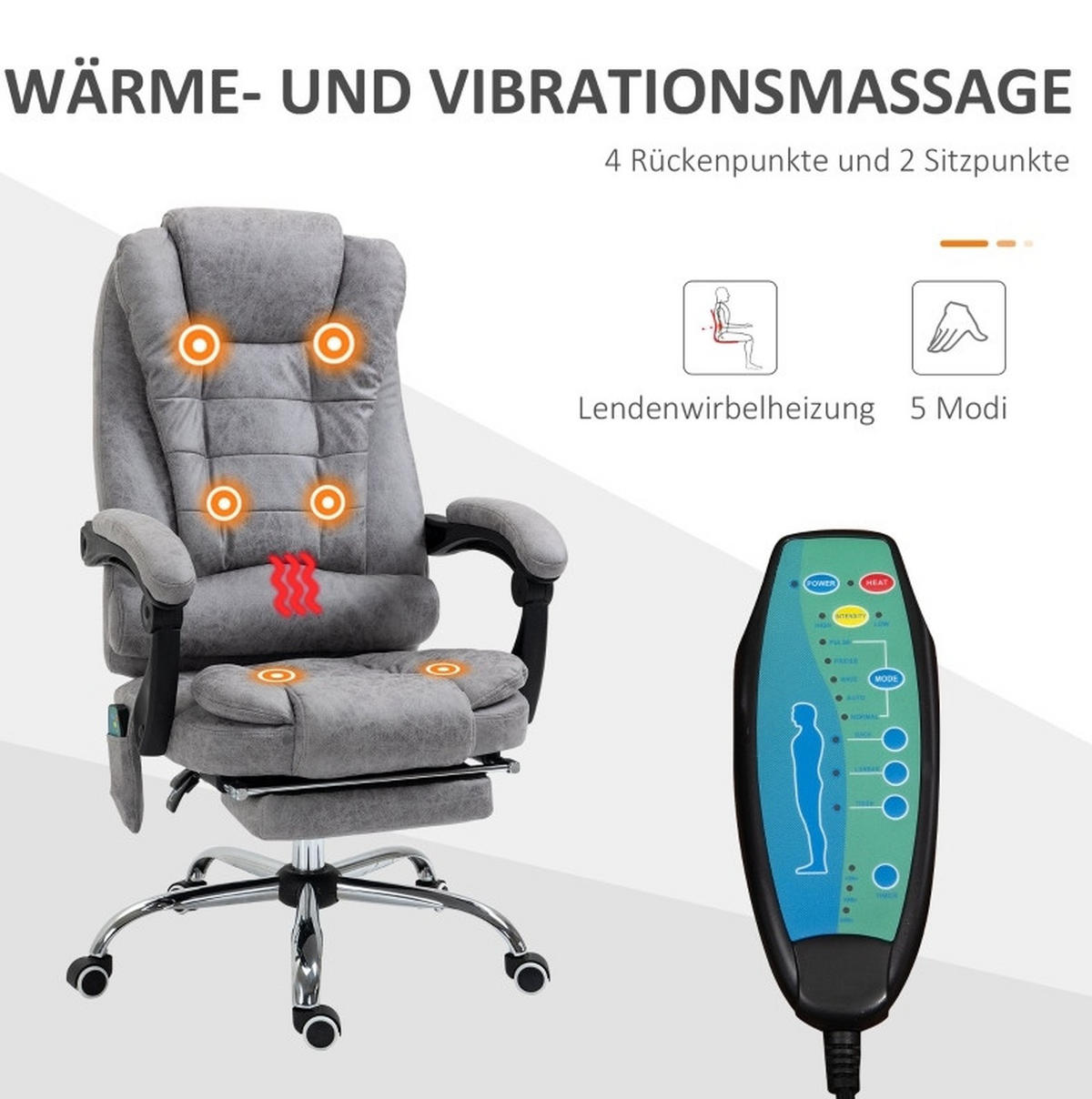 BÜROSTUHL in Grau 70x65x119 cm mit Massage- und Heizfunktion, neigbarer Rückenlehne und Fußstütze - Grau, Textil (65/119/70cm) - IVMEU