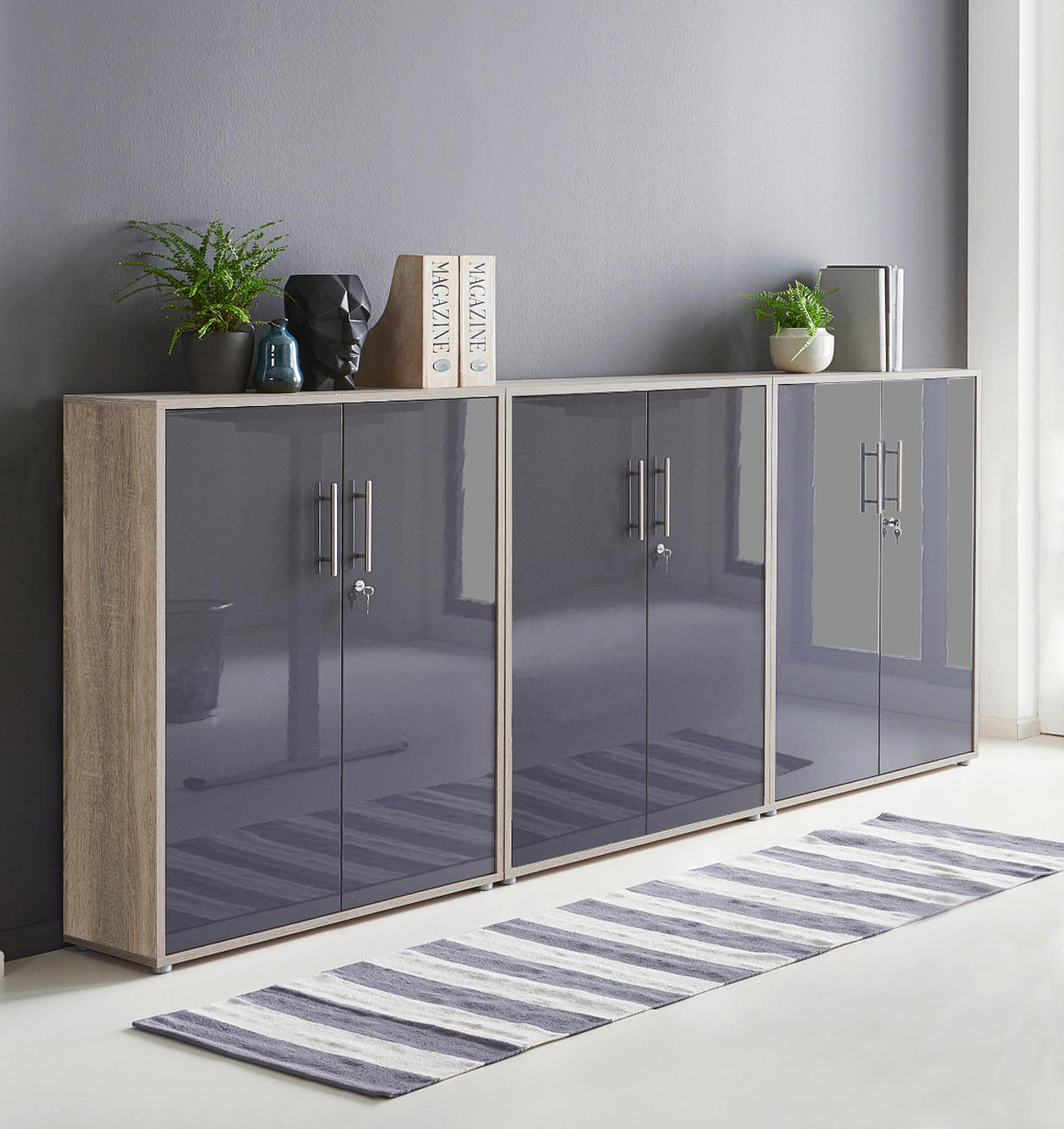 BÜROMÖBELSET 3-tlg. Sonoma Eiche / anthrazit Hochglanz - Eichefarben/Anthrazit, Holz (253.2/113.6/33cm)