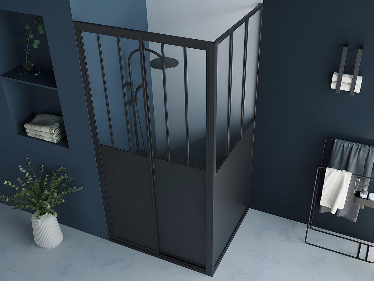 DUSCHTRENNWAND mit Schiebetür - Industrial Style - 100 x 80 x 195 cm - Schwarz matt - URBANIK - Schwarz, Metall (100/195cm) - Vente-Unique