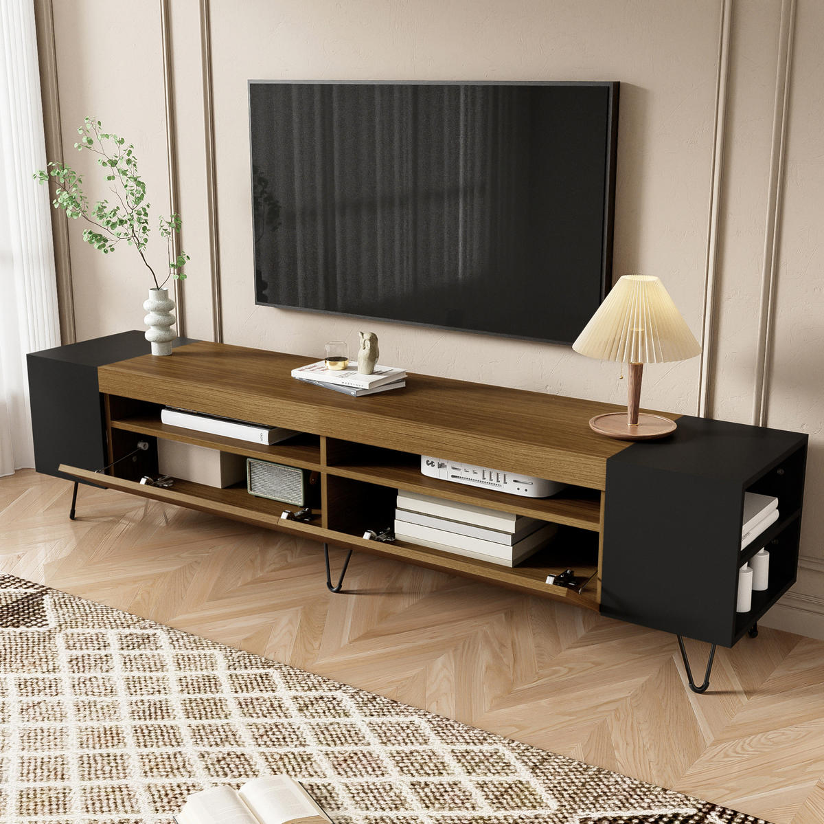 TV-SCHRANK aus MDF und Spanplatte 180x36x43 cm Schwarz/Holzoptik mit 2 Türen, offenen Fächern und Kabeldurchlässen - Schwarz, Holzwerkstoff (180/43/36cm) - Modfu