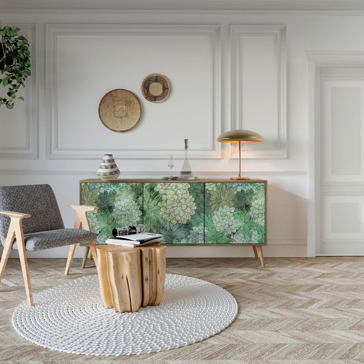 SIDEBOARD SUCCULENT CLUSTER, Graue Oberfläche, 164,5x42x72,5 cm, 3 Türen - Schwarz/Grau, Holzwerkstoff/Metall (164.5/72.5/42cm) - SpaceRebels