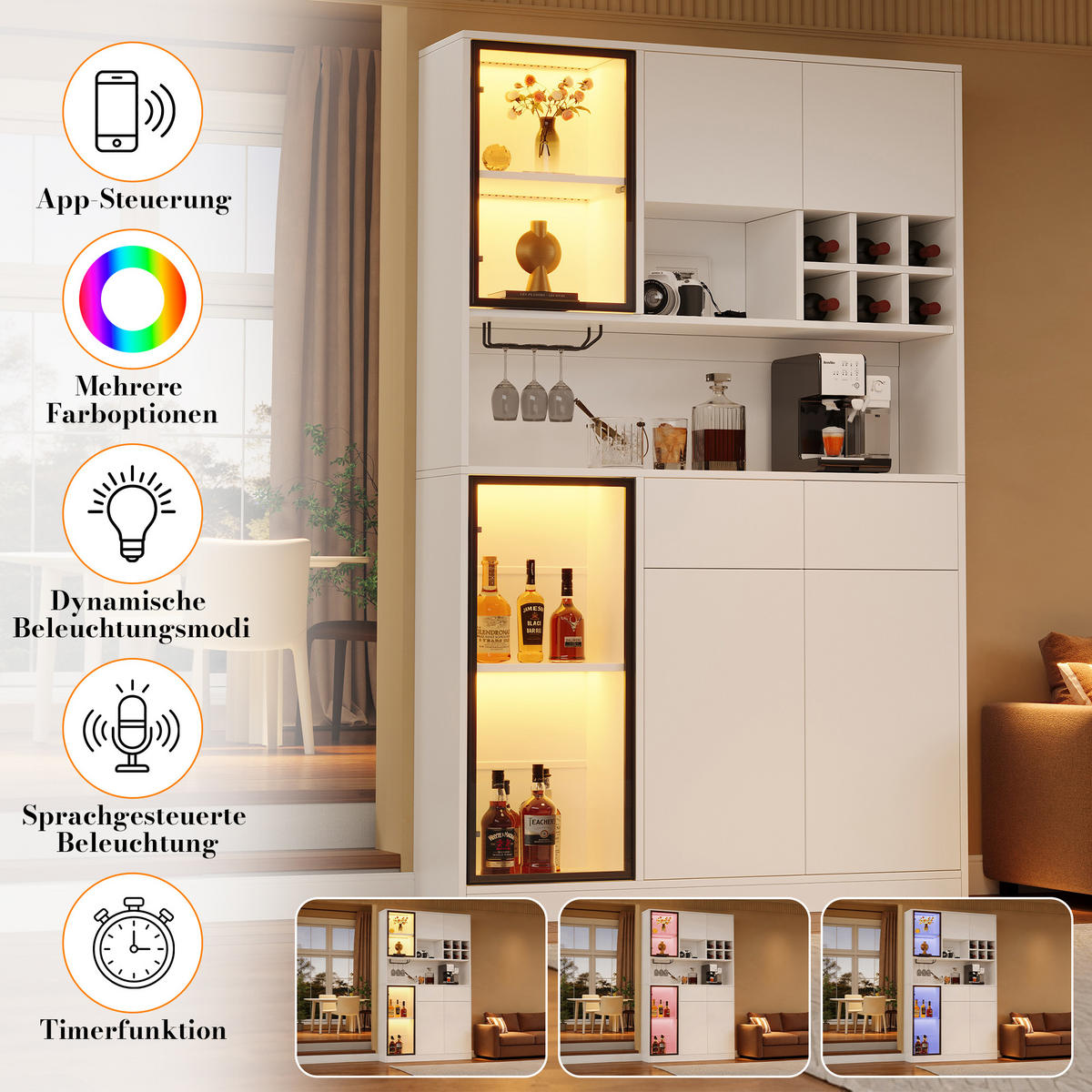 HOCHSCHRANK 120x33x200 cm mit 6 Türen, 2 Schubladen und LED - Weiß, Holzwerkstoff (120/200/33cm) - FLIEKS