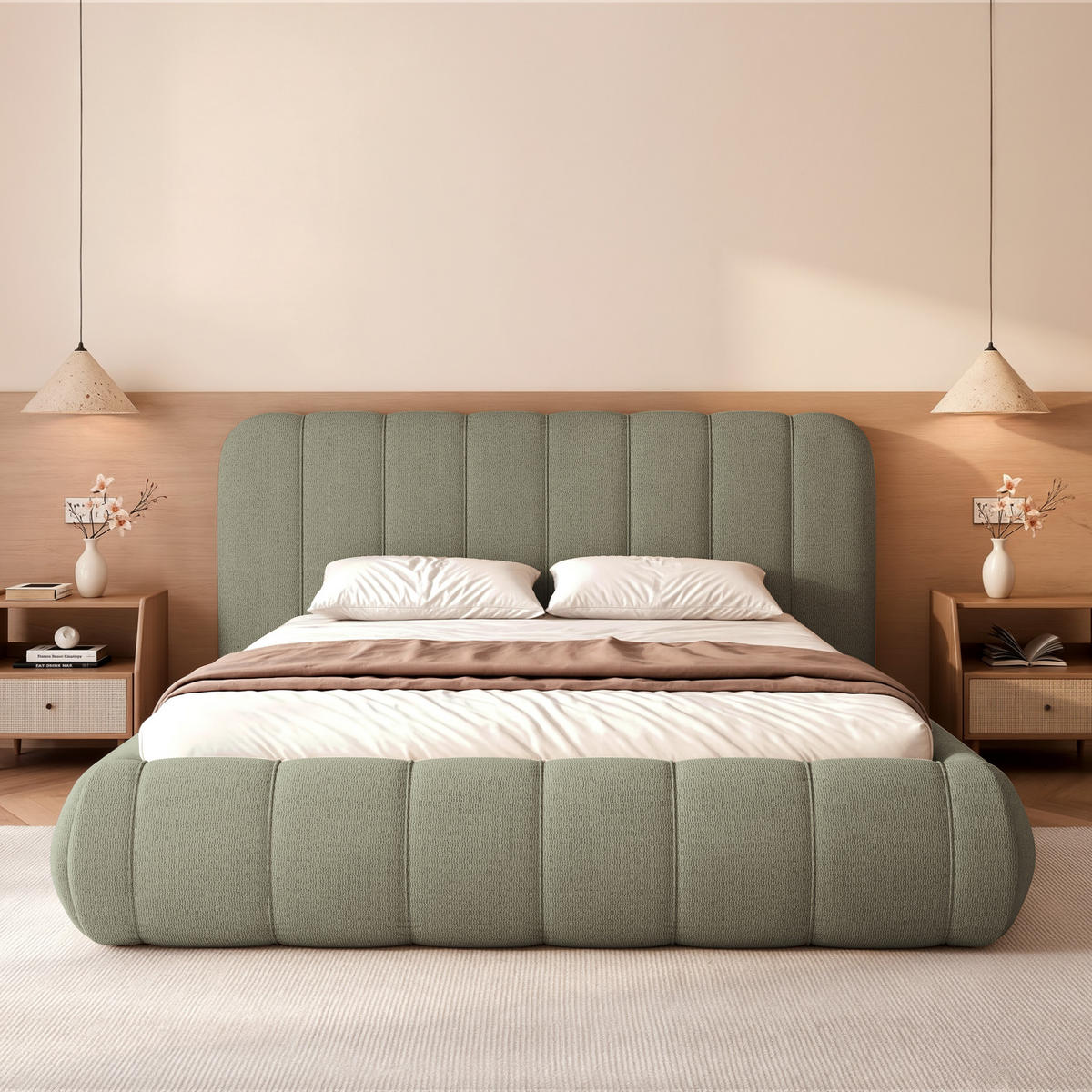 POLSTERBETT Gallo 160x200 cm Hellgrün Schlingengewebe – (Doppelbett mit Bettkasten, Lattenrost, voluminöses Kopfteil) - Hellgrün, Holz/Holzwerkstoff (160/200cm) - Ravio