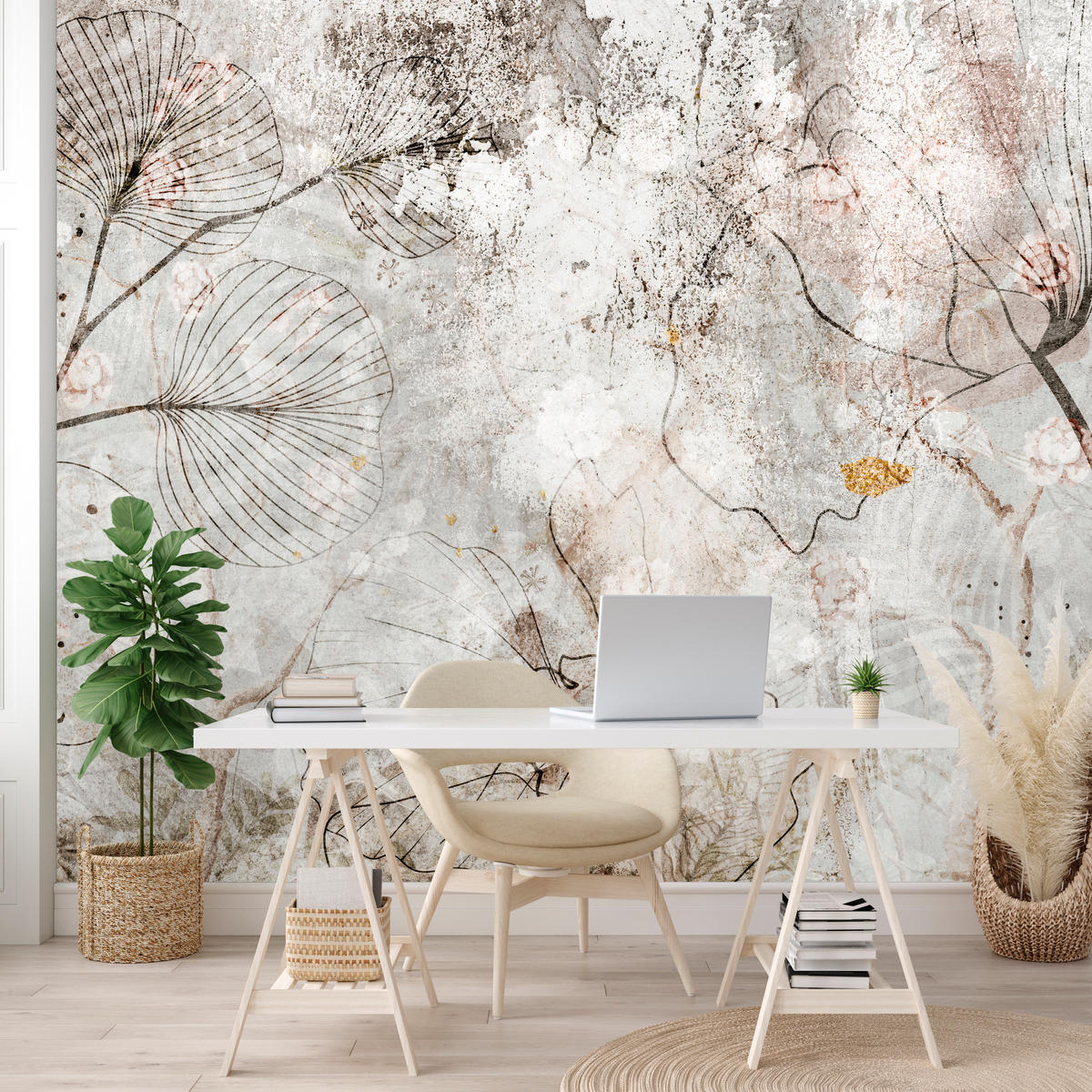 FOTOTAPETE für Wohnzimmer Vintage Blätter Blumen Beton Abstrakt 450x315 - Gelb/Orange, Papier (450/315cm) - Muralo