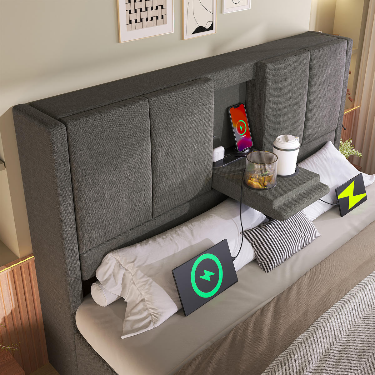 POLSTERBETT 140/200 cm in Grau Leinen mit Bettkasten, USB, Type-C und Becherhalter - Grau, Holzwerkstoff/Textil (140/200cm) - WISHDOR