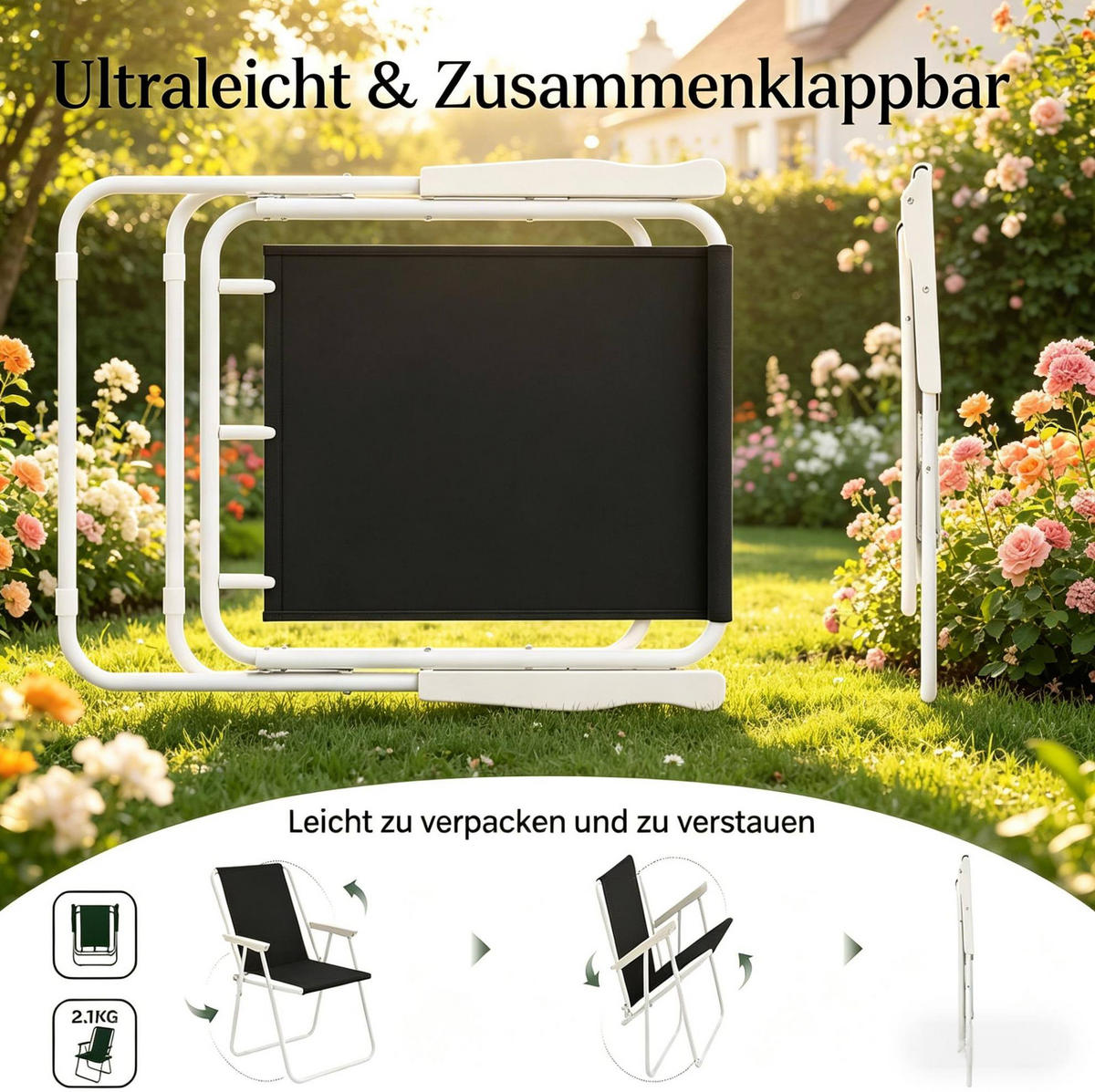 KLAPPSTUHL 58/53/76 cm faltbar mit Armlehnen und Oxfordbezug, Schwarz - Schwarz, Metall (58/76/53cm) - Redom