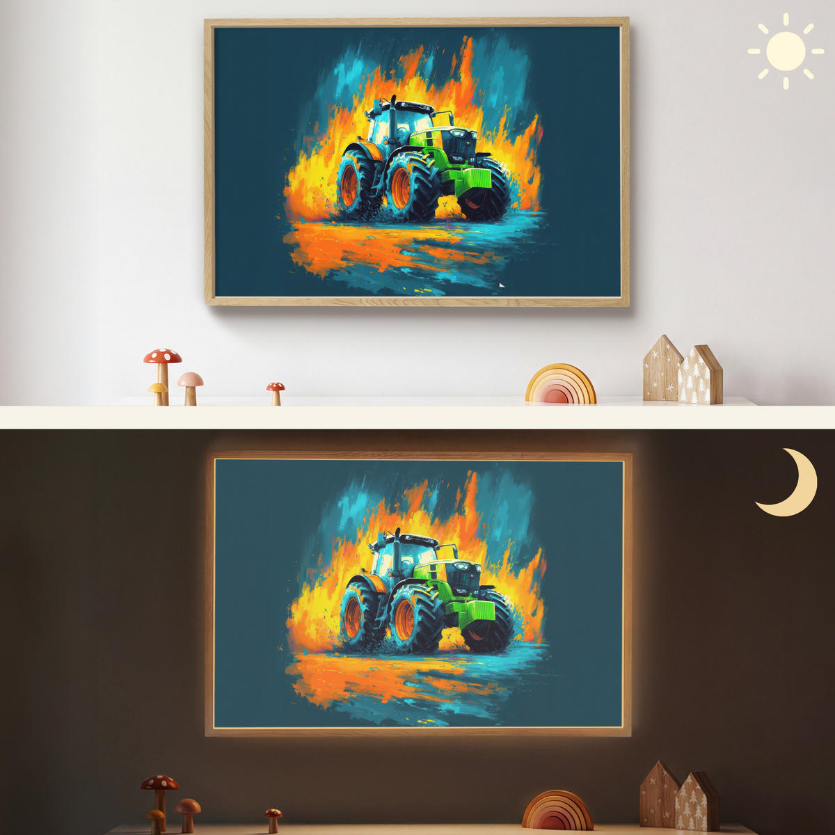 NÁSTĚNNÁ LAMPA S AKUMULÁTOREM Abstrakt - Traktor - Zelený 100x70 cm - tmavě modrá, kompozitní dřevo (100/70/8cm) - OnlyWow