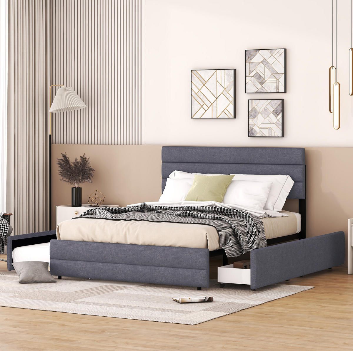 POLSTERBETT 140/200 cm grau mit Unterbett und zwei Schubladen - Grau, Textil (140/200cm) - OKWISH