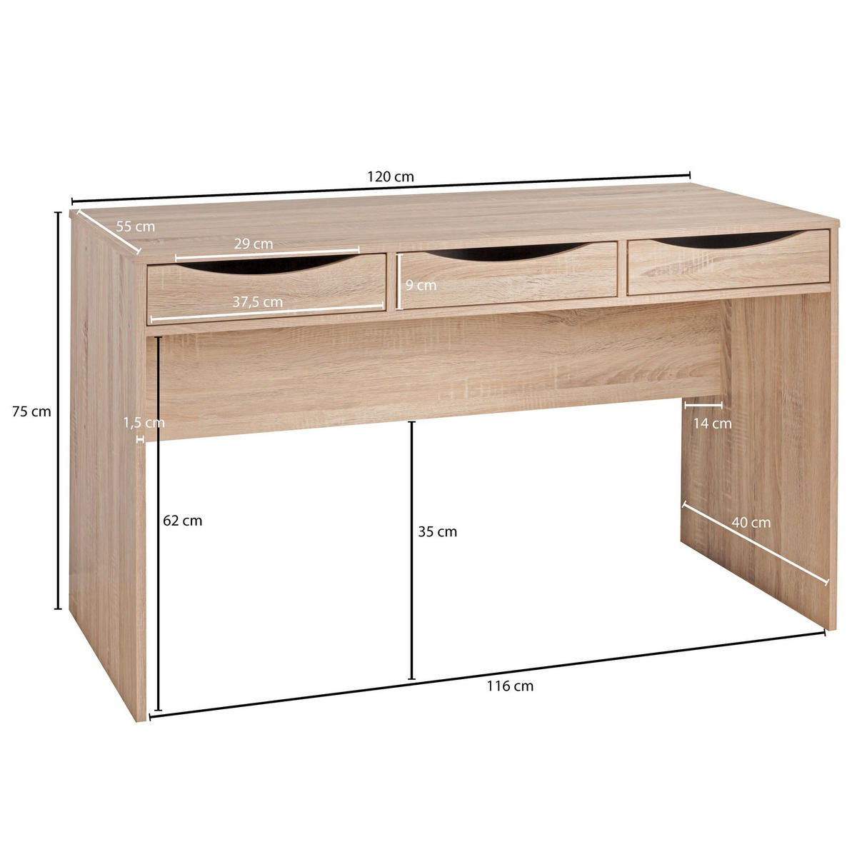 SCHREIBTISCH – Sonoma Eiche, mit Schubladen, praktische Blende, stabil - Beige, Holz (55/120/75cm) - KADIMA DESIGN