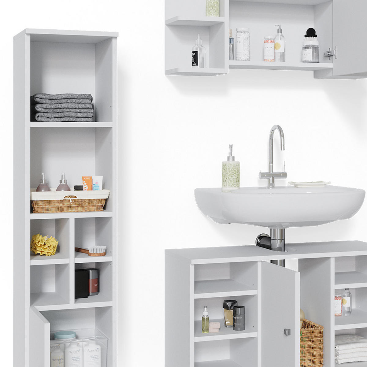 BADMÖBEL-SET Fynn Weiß 3 Teile, mit Midischrank Tür klein - Weiß, Holzwerkstoff (60/54/32cm) - Vicco
