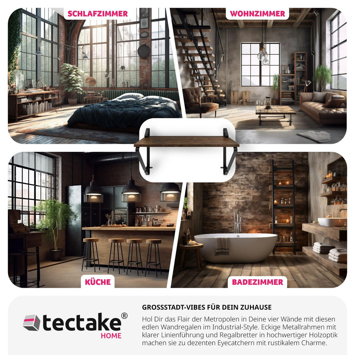 WANDREGAL 2er Set Irvine,60 x 20 x 33,5 cm,Industrial Holz dunkel, rustikal - Rostfarben, Holzwerkstoff (20/33.5/60cm) - tectake