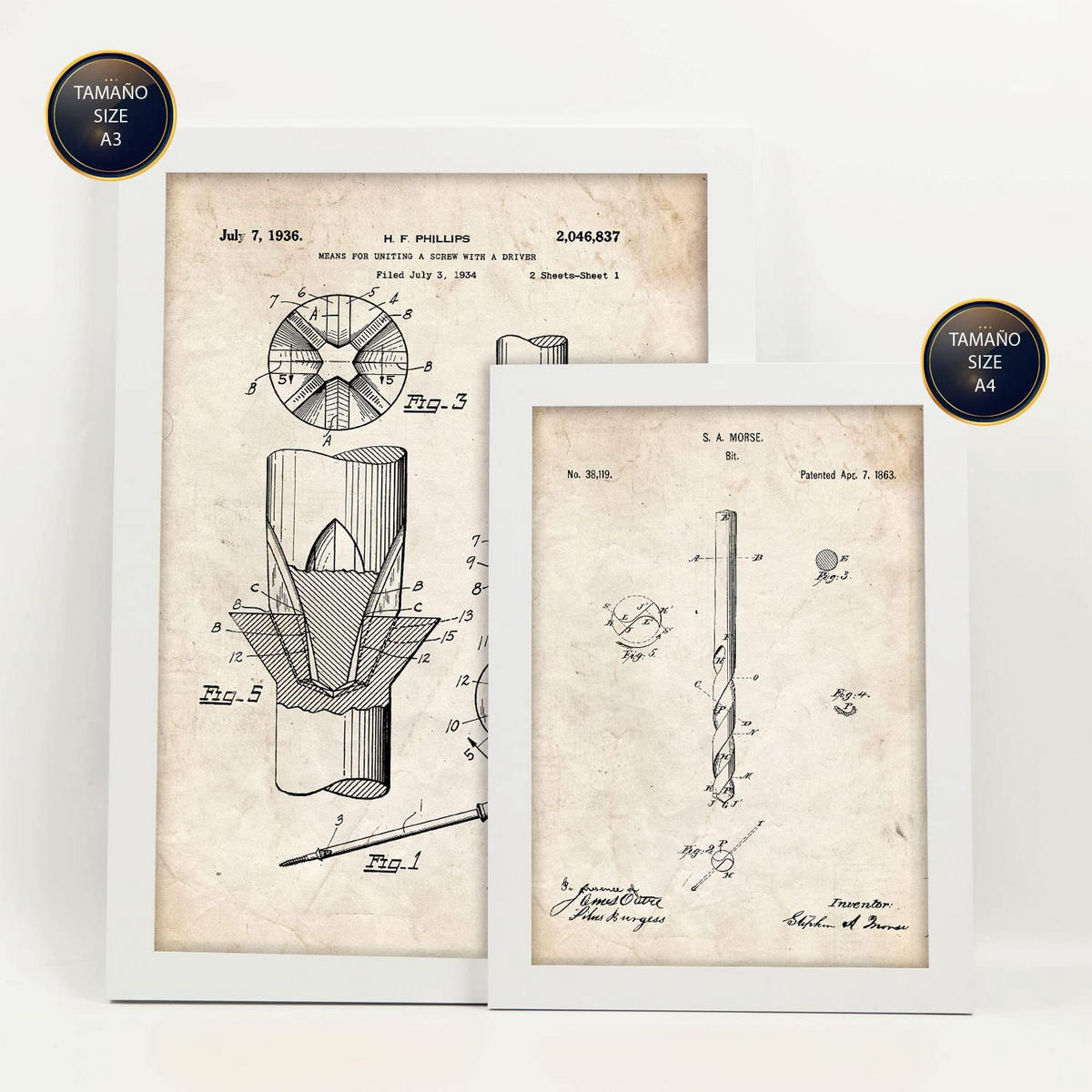 POSTER Set Mit 6 Plakaten Mit Bauwerkzeuge 1 Patenten Im Vintage Stil A3 & A4 Weißer Rahmen - Weiß, Papier (29/3cm) - Nacnic