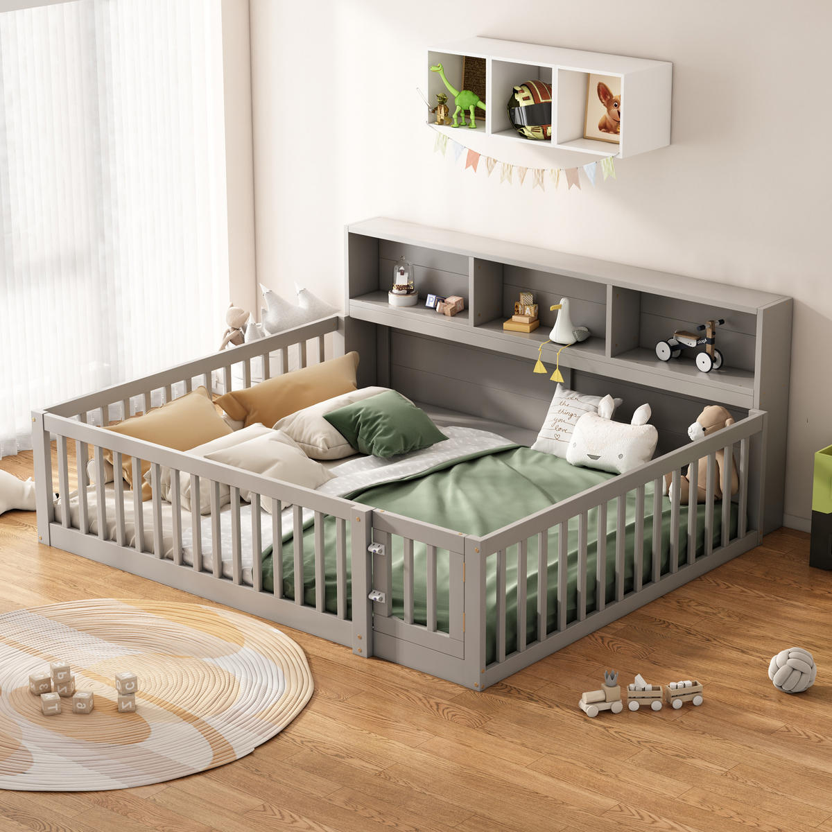 BODENBETT 140/200 cm grau mit Staufach und Lattenrost - Grau, Holz (140/200cm) - OKWISH