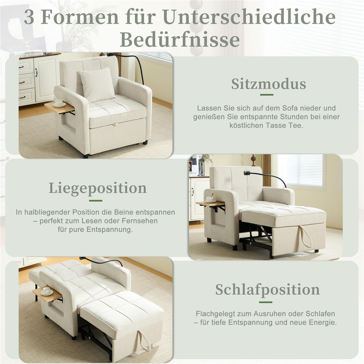 SCHLAFSESSEL 2-in-1 Chenille Einzelschlafsofa beige - Weiß, Textil (79/83/66cm) - Kaket