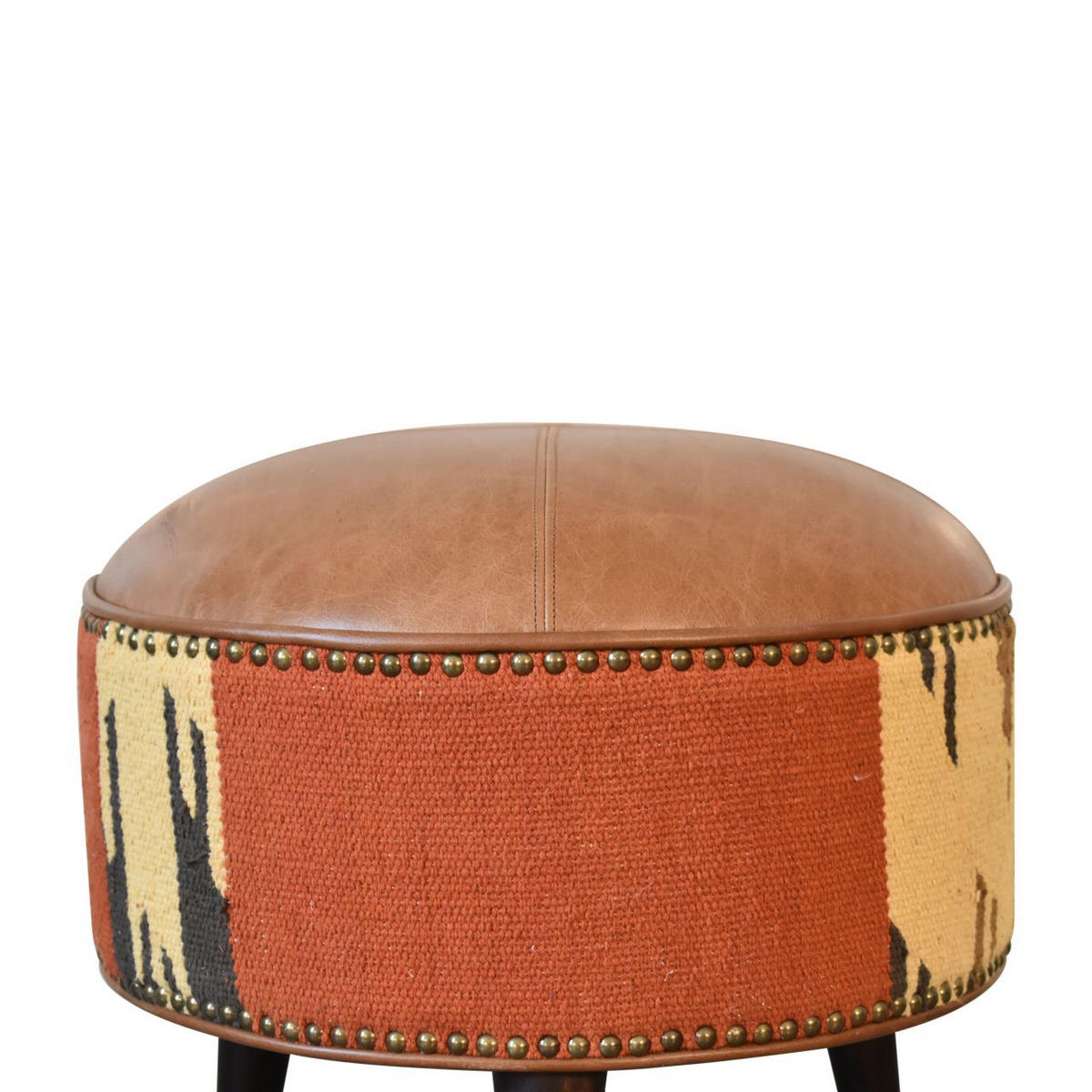 HOCKER mit Durrie-Drucken, Leder-Mix - Messingfarben/Braun, Holz/Metall (45/45/45cm) - Artisan Furniture