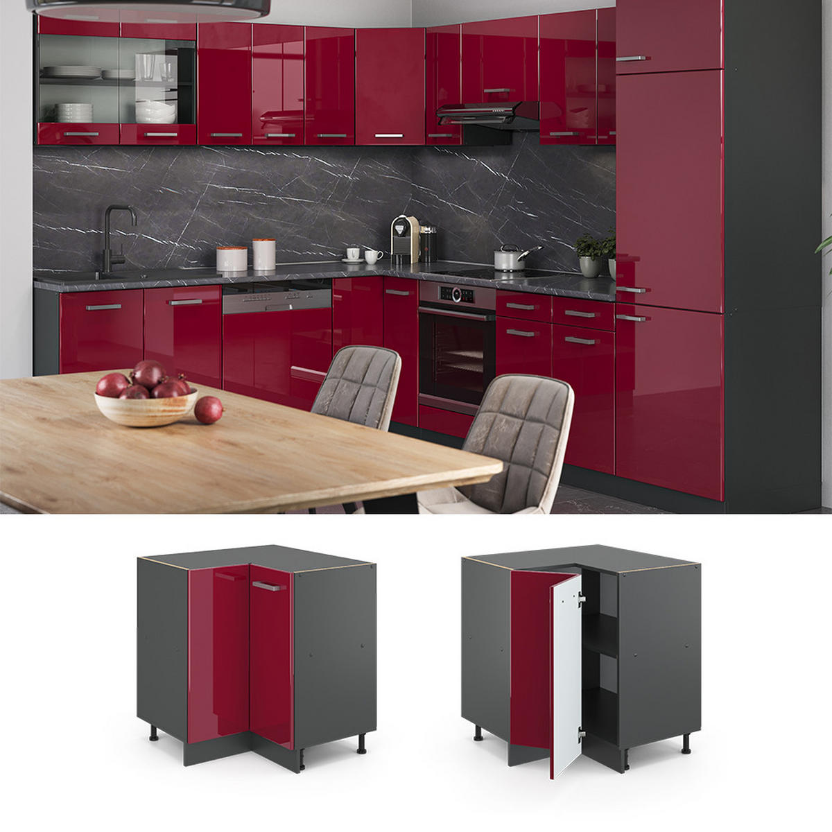 ECKUNTERSCHRANK R-Line Rot Hochglanz 75.6 cm , AP Eiche - Bordeaux/Anthrazit, Holzwerkstoff (75.6/81.6/60cm) - Vicco