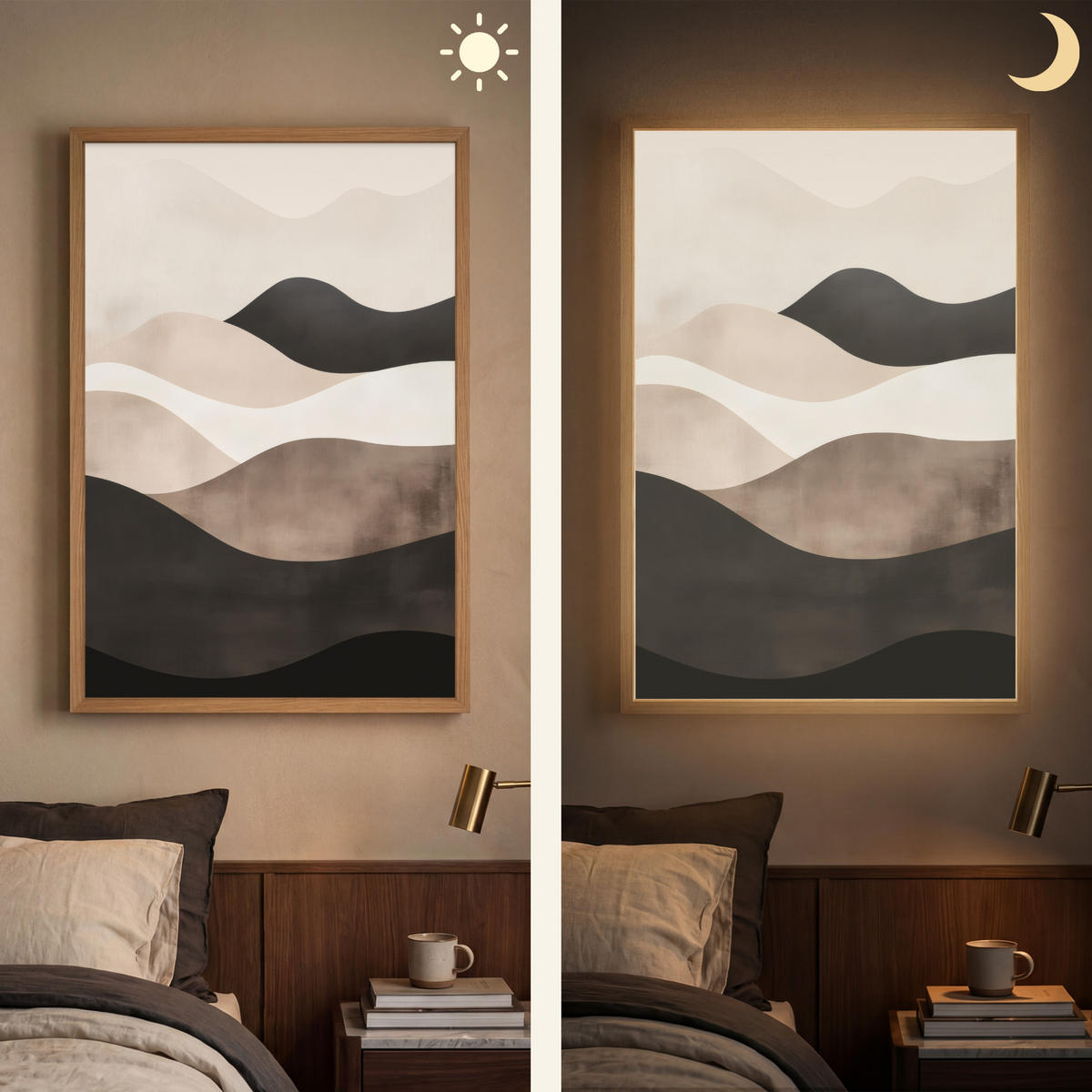 NÁSTĚNNÁ LAMPA S AKUMULÁTOREM Abstraktní - Krajina - Vlny - Krémová barva 70x100 cm - šedohnědá, kompozitní dřevo (70/100/8cm) - OnlyWow