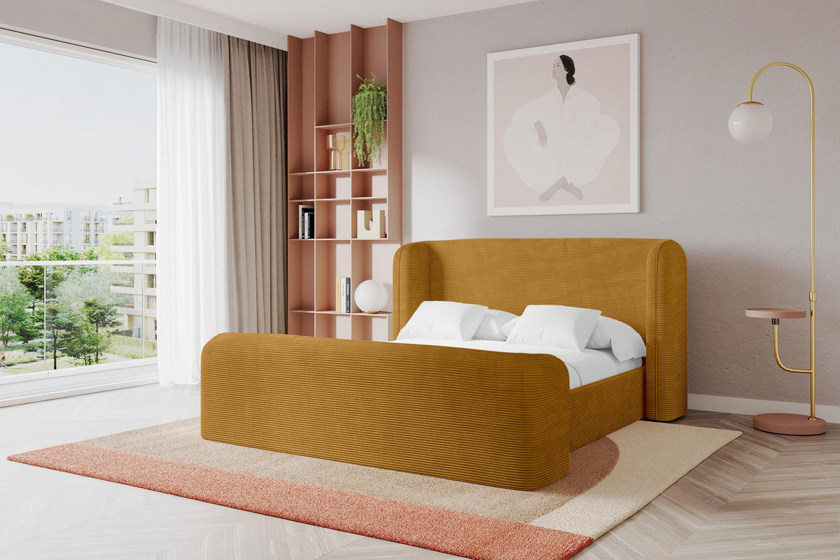 POLSTERBETT mit Bettkasten, Fußteil und Lattenrost, Boxbett ohne Matratze - ESTI-Z 160x200 Senfgelb - Currygelb, Holzwerkstoff/Textil (160/200cm) - ALTDECOR