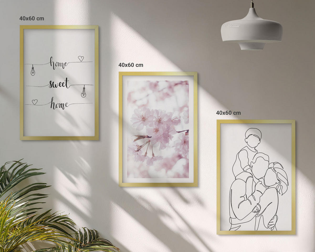 BILDER SET 3er Set - 40x60 cm Goldrahmen - Blumenfamilie minimalistisch - Goldfarben, Kunststoff (40/60cm) - TULUP