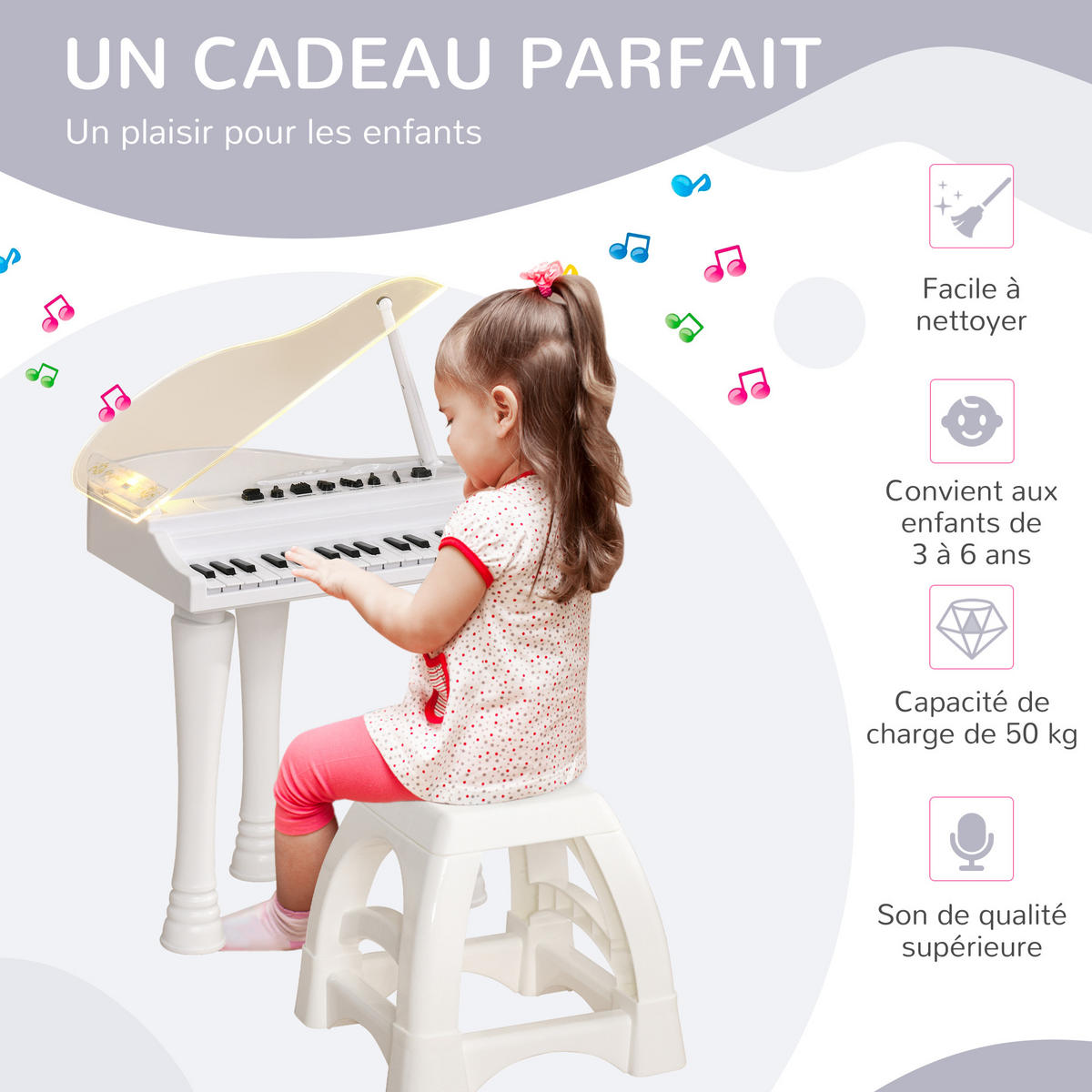 KINDERPIANO DE-18645 32 Tasten mit Mikrofon & LED Weiß - Weiß, Kunststoff (30.5/60.4/37cm) - ComfortXL