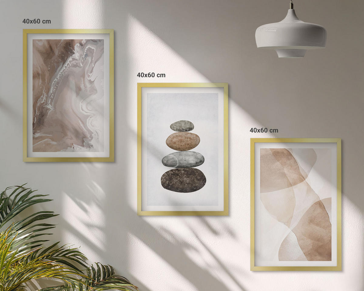 WANDBILDER 3er Set - 40x60 cm Goldrahmen - Abstrakte Pastellformen - Goldfarben, Kunststoff (40/60cm) - ArtPrintCave