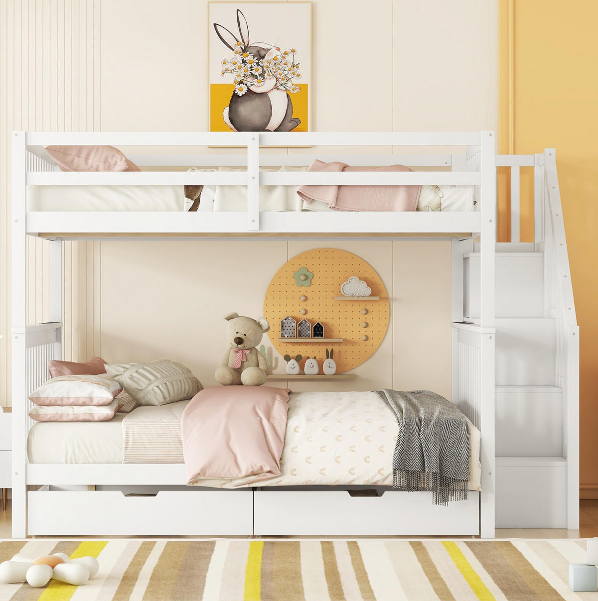 ETAGENBETT 140/200 cm aus Kiefernholz mit Treppenregal, Weiß - Weiß, Holz (140/200cm) - OKMYHOME