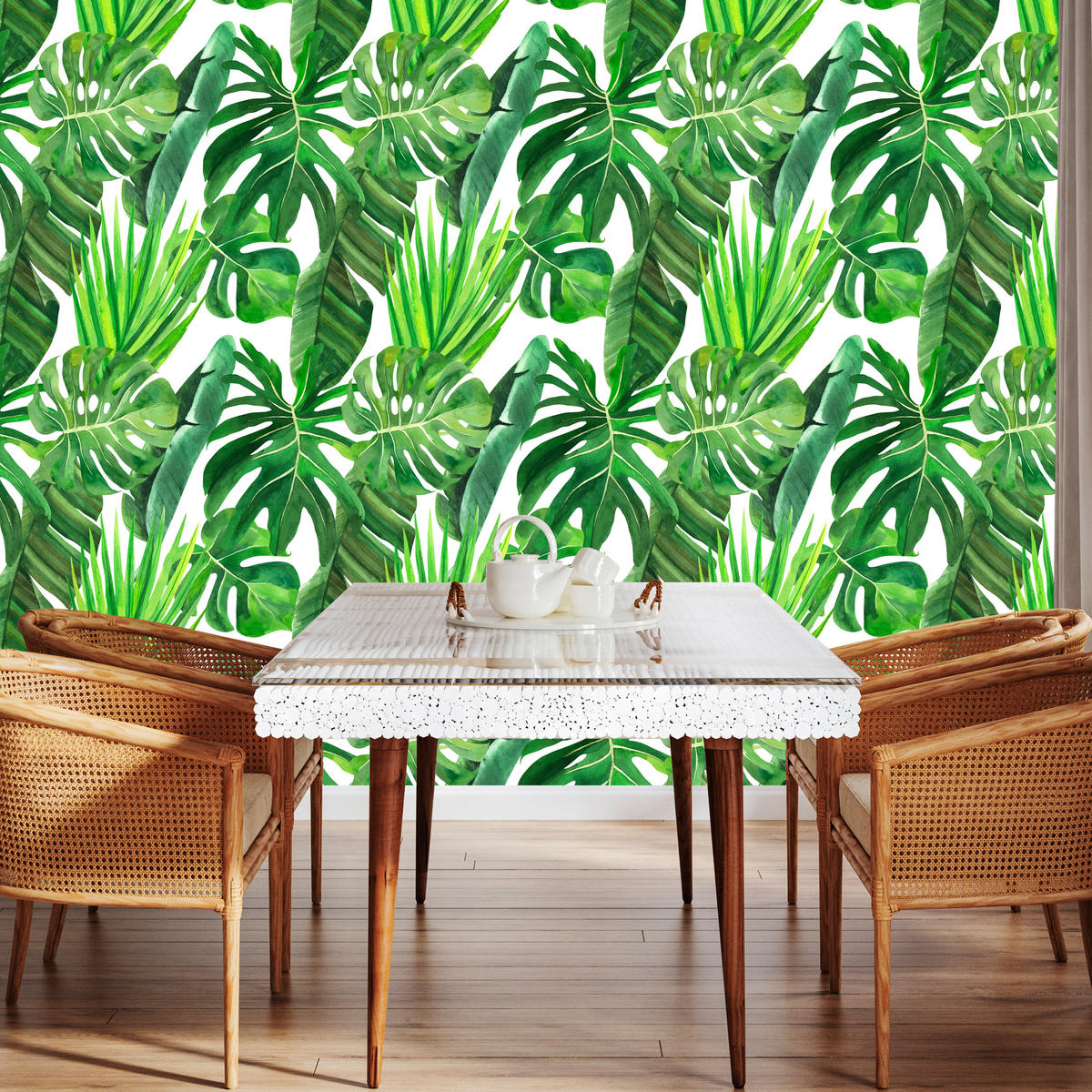VLIESTAPETE Monstera und Bananenblätter – Grün, Weiß – 50x1000 cm - Weiß/Grün, Papier (50/1000cm) - Muralo