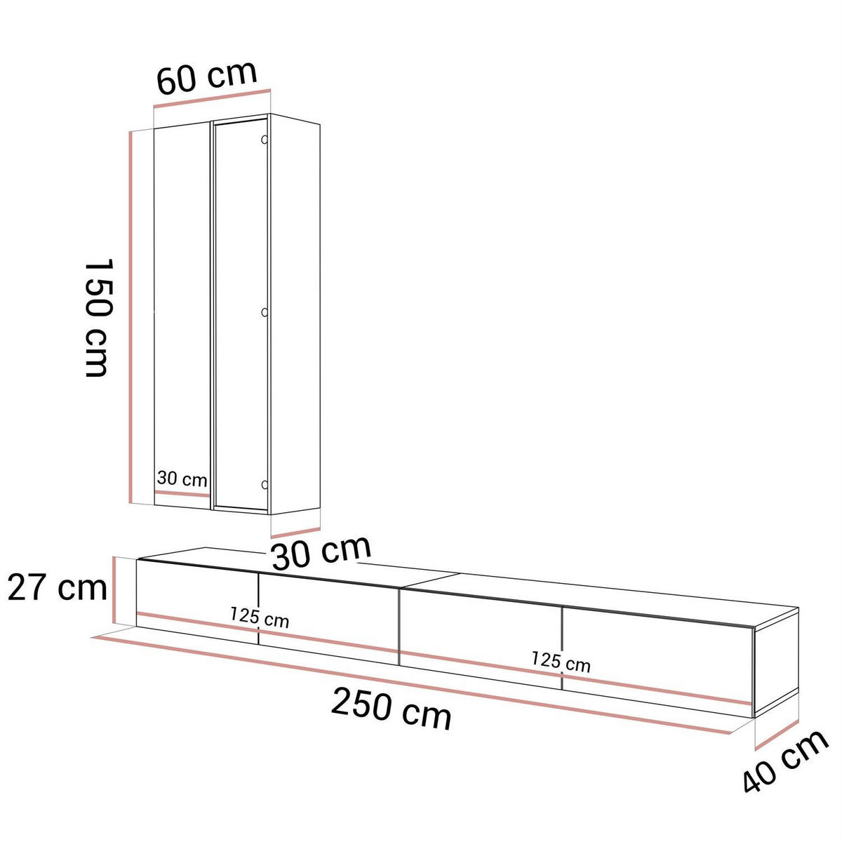 WOHNWAND CARMEN, hängend mit LED-Beleuchtung. - Kaschmir, Holzwerkstoff (250/27/40cm) - Lookway