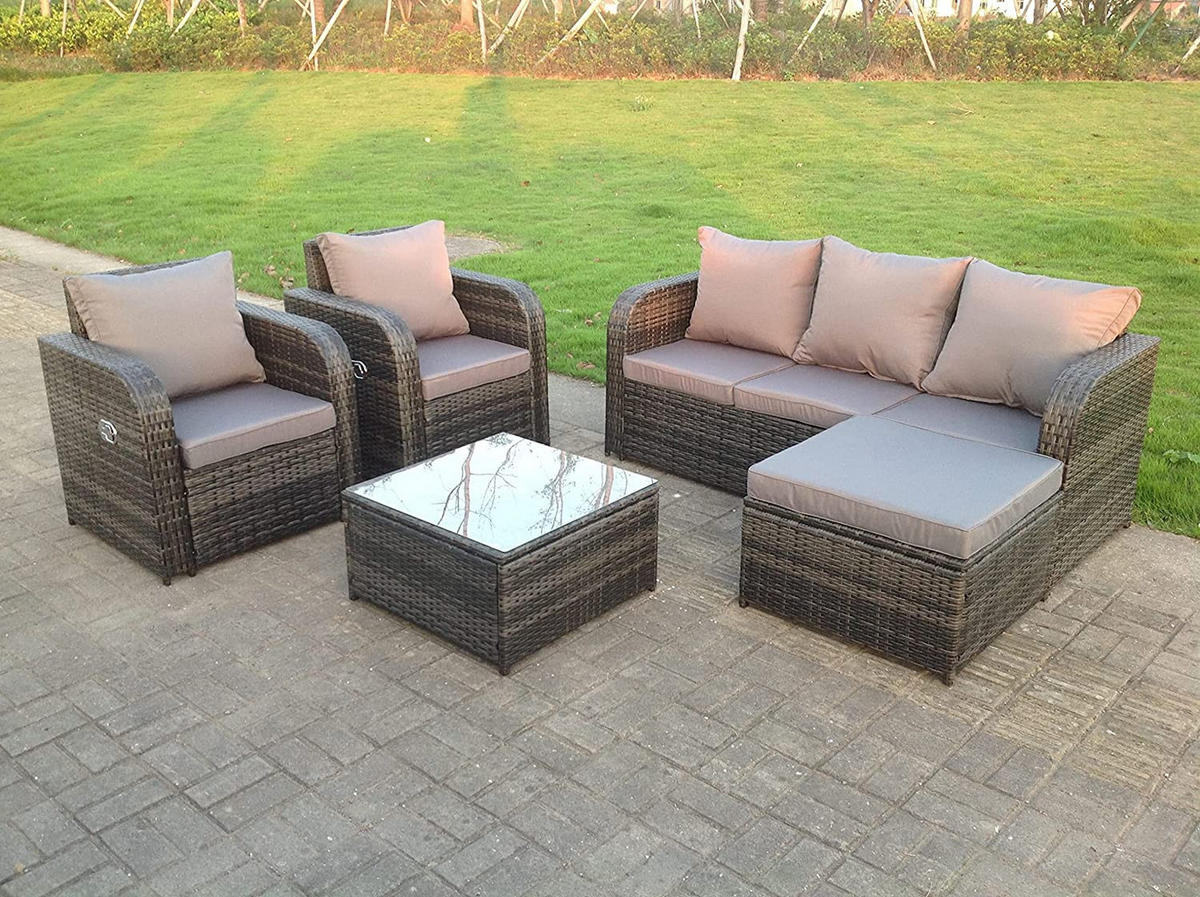 GARTENMÖBEL SET MIT LIEGESTUHL Polyrattan Outdoor 6-Sitzer - Dunkelgrau/Grau, Glas/Kunststoff - Fimous