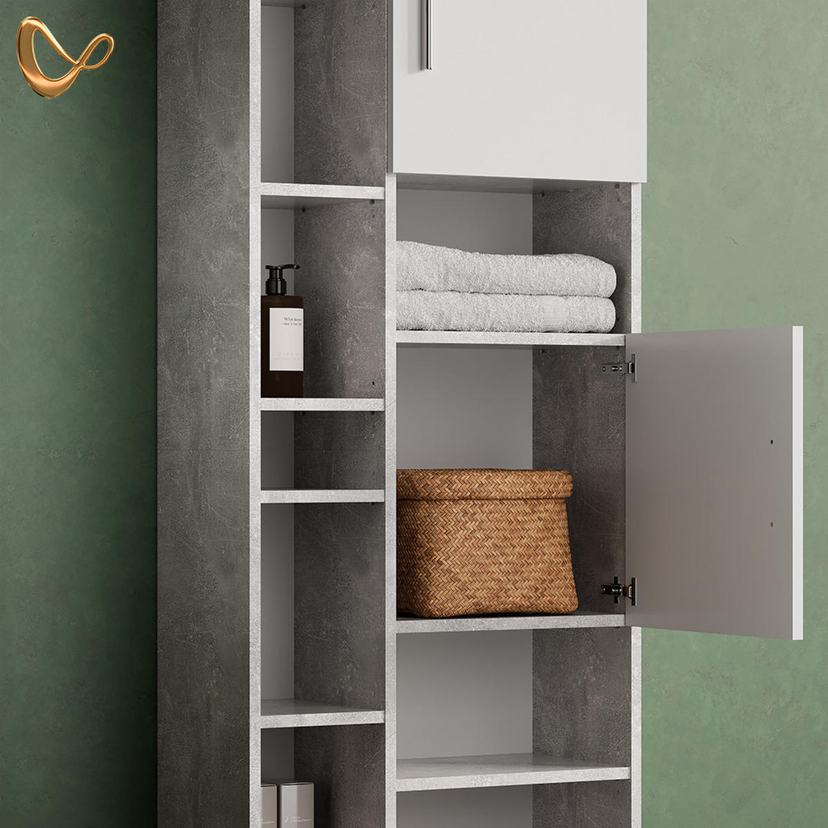BADMÖBEL-SET Eisak Beton 3 Teile, mit Hochschrank - Schieferfarben/Weiß, Holzwerkstoff (80/60/33cm) - Livinity®