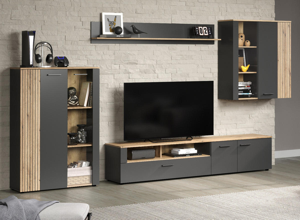 WOHNWAND grau, Evoke Eiche 4-teilig 340 cm, Schrankwand mit viel Stauraum - Eichefarben/Anthrazit, Holzwerkstoff/Kunststoff (167/25/18cm) - Top.Furn