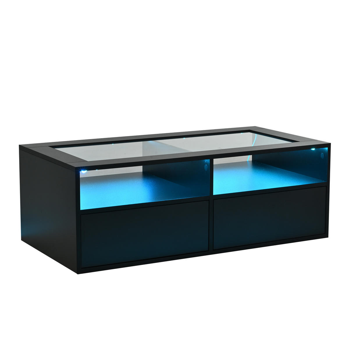 KONFERENČNÍ stolek 100/50/35 cm černý ze skla a dřevotřísky s LED osvětlením a 2 zásuvkami - černá, sklo (100/50/35cm) - OKWISH