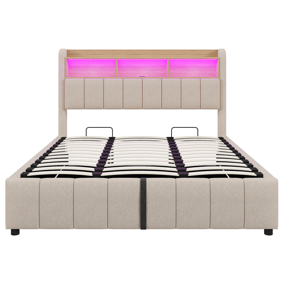 POLSTERBETT aus Leinenstoff 180x200 cm Beige mit LED-Beleuchtung, USB-C-Anschluss und hydraulischem Stauraum - Beige, Textil (180/200cm) - IVMEU