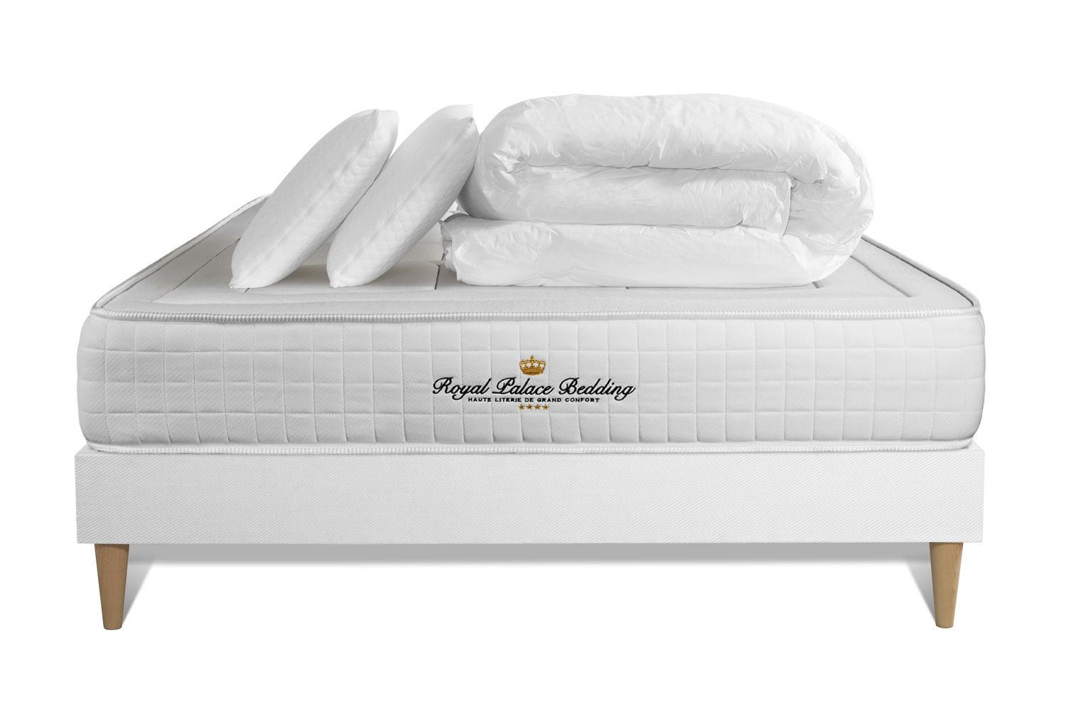 BETT Balmoral Memory-Schaum 140 x 200 cm h3 - Kit Bettgestell Weiß - Mit Kissen und Bettdecke - Beige/Weiß, Holz/Textil (140/200cm) - ROYAL PALACE BEDDING