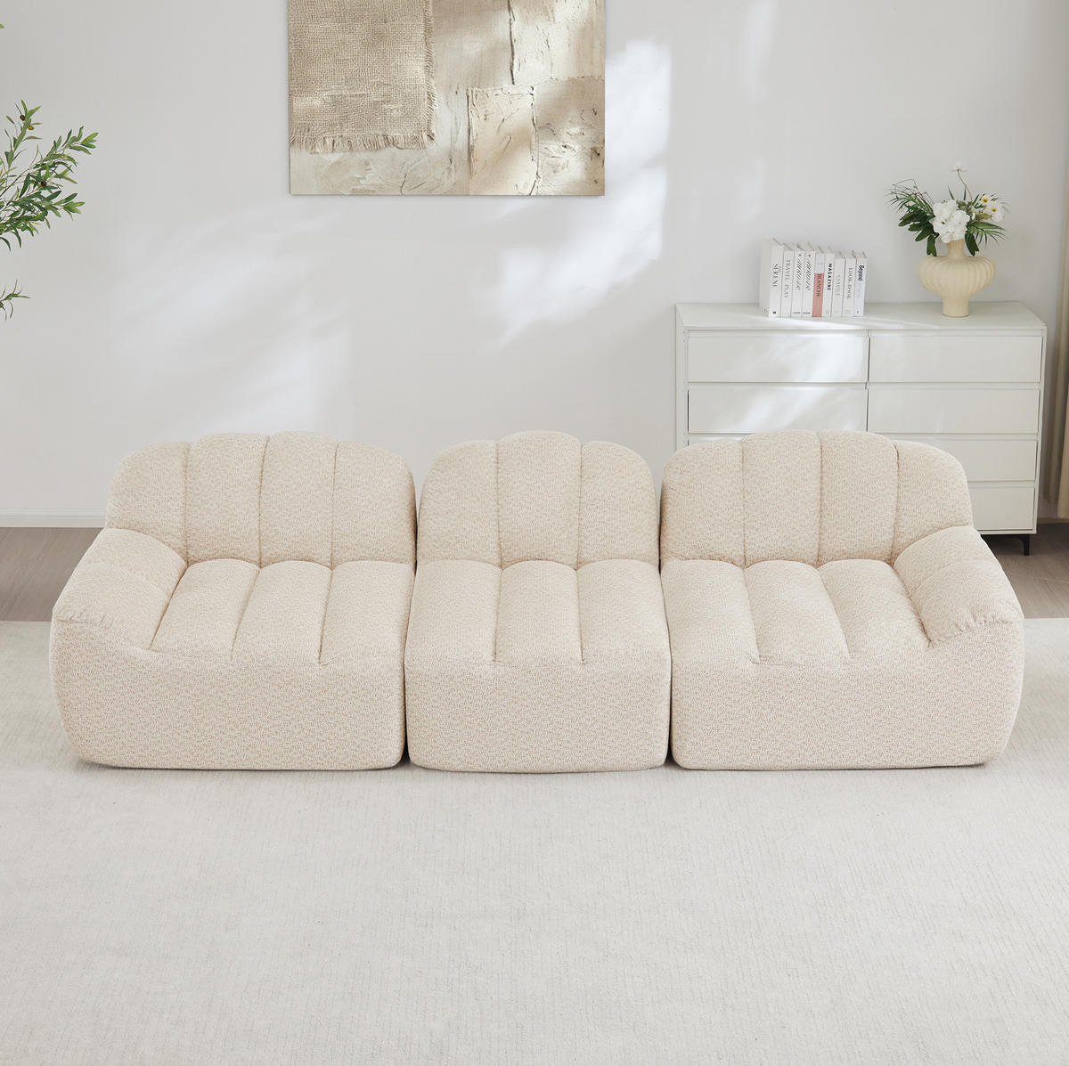 MODULARES 3-Sitzer-Sofa aus Granuliertem Fleece mit Ottomanenfunktion Beige-Weiß - Beige, Textil (104/79/288cm) - Modenvie