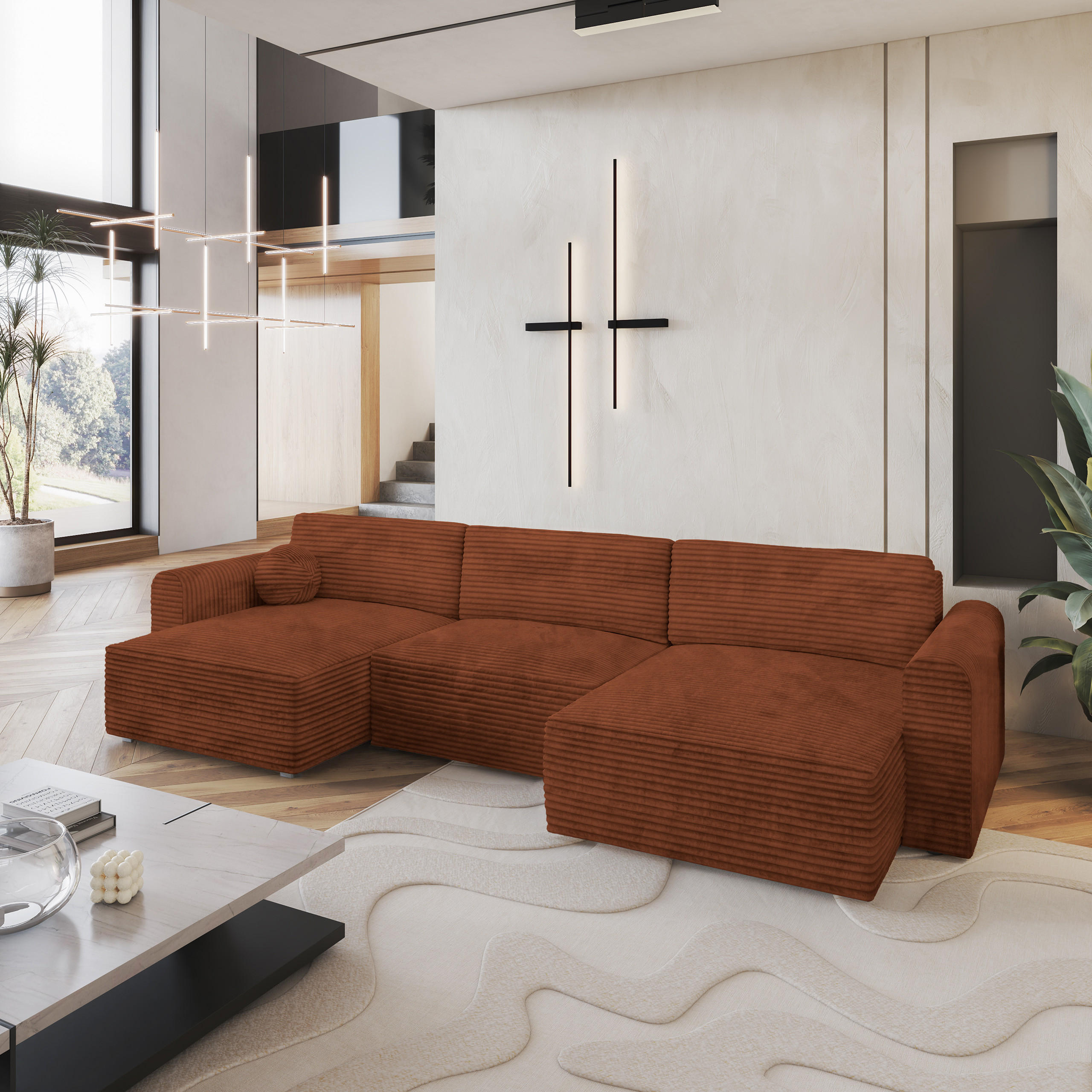 WOHNLANDSCHAFT FENTO Braun Kordstoff mit Schlaffunktion - Braun, Holz (347/90/148cm) - MASSENO