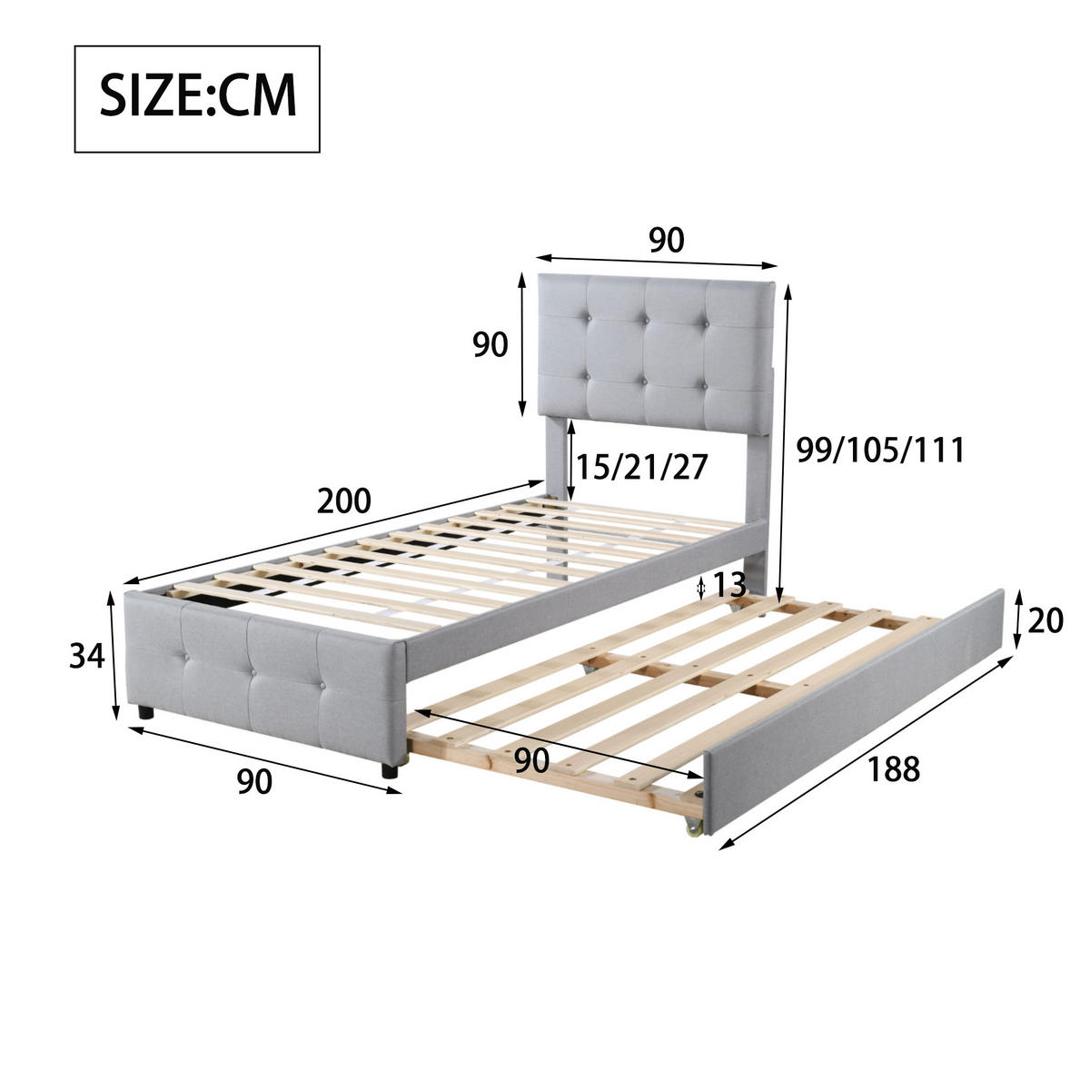POLSTERBETT 90/200 cm grau mit ausziehbarem Bett und verstellbarem Kopfteil - Grau, Textil (90/200cm) - OKWISH