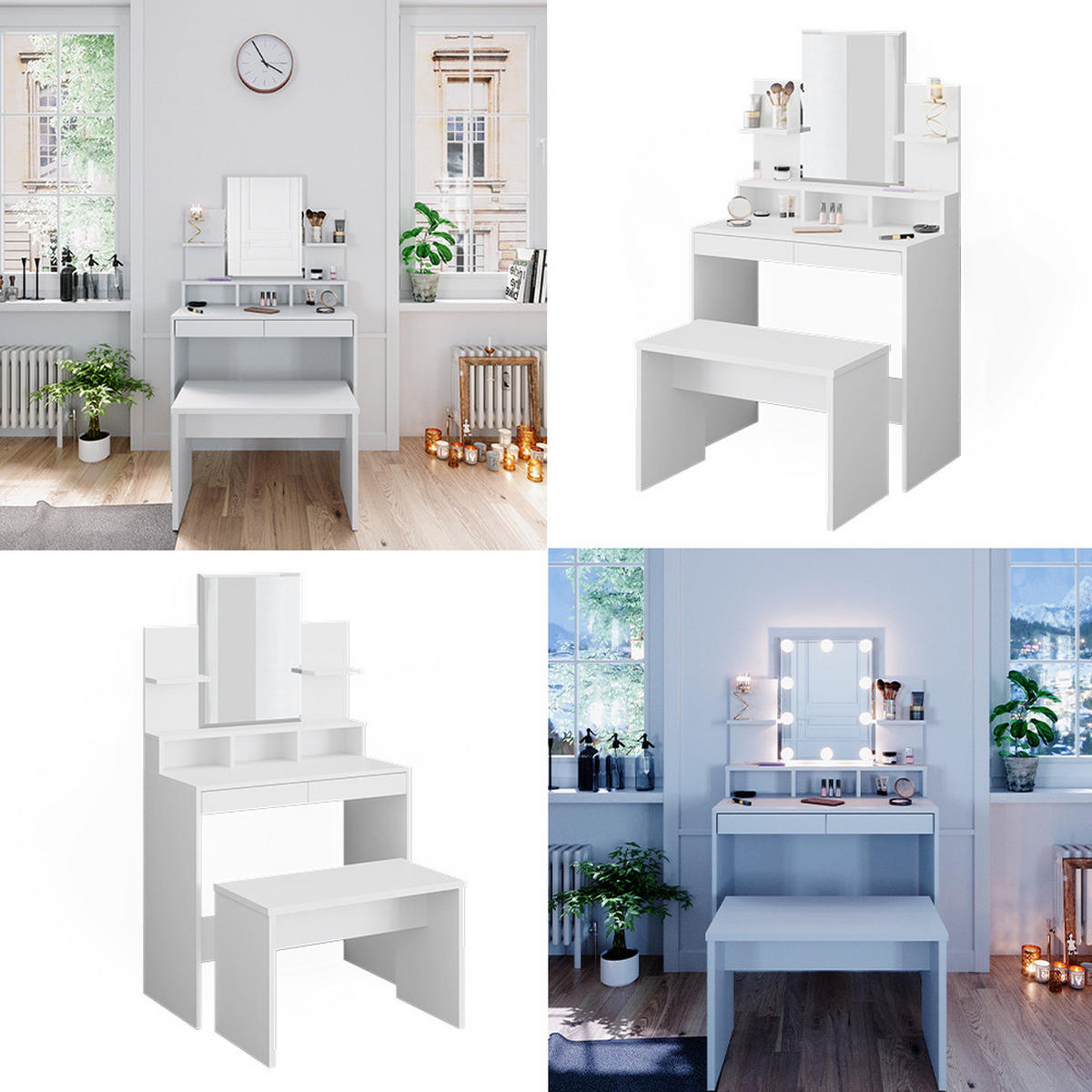 SCHMINKTISCH Ania Weiß 80 cm mit Bank - Weiß, Holzwerkstoff (80/139.6/40cm) - Vicco