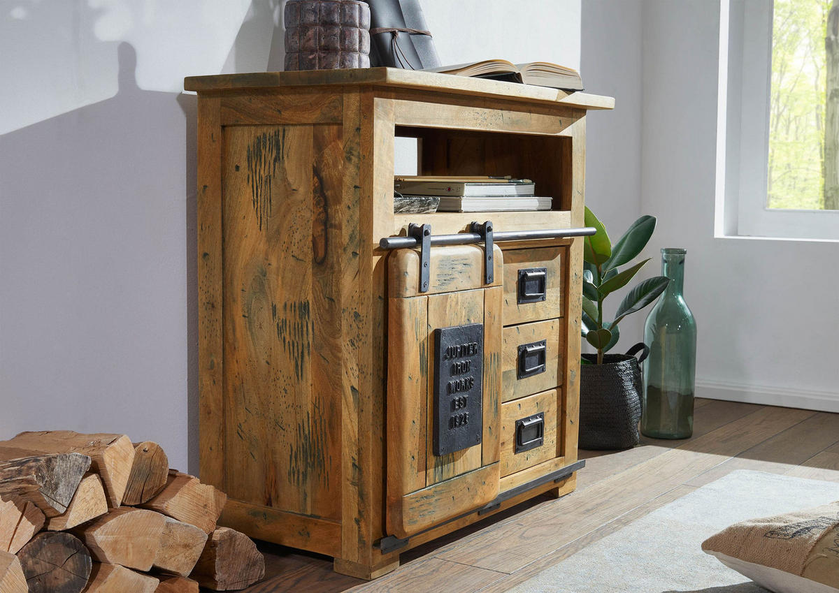 KOMMODE Mango 80x45x85 natur lackiert RAILWAY #110 - Braun, Holz (80/85/45cm) - Massivmoebel24