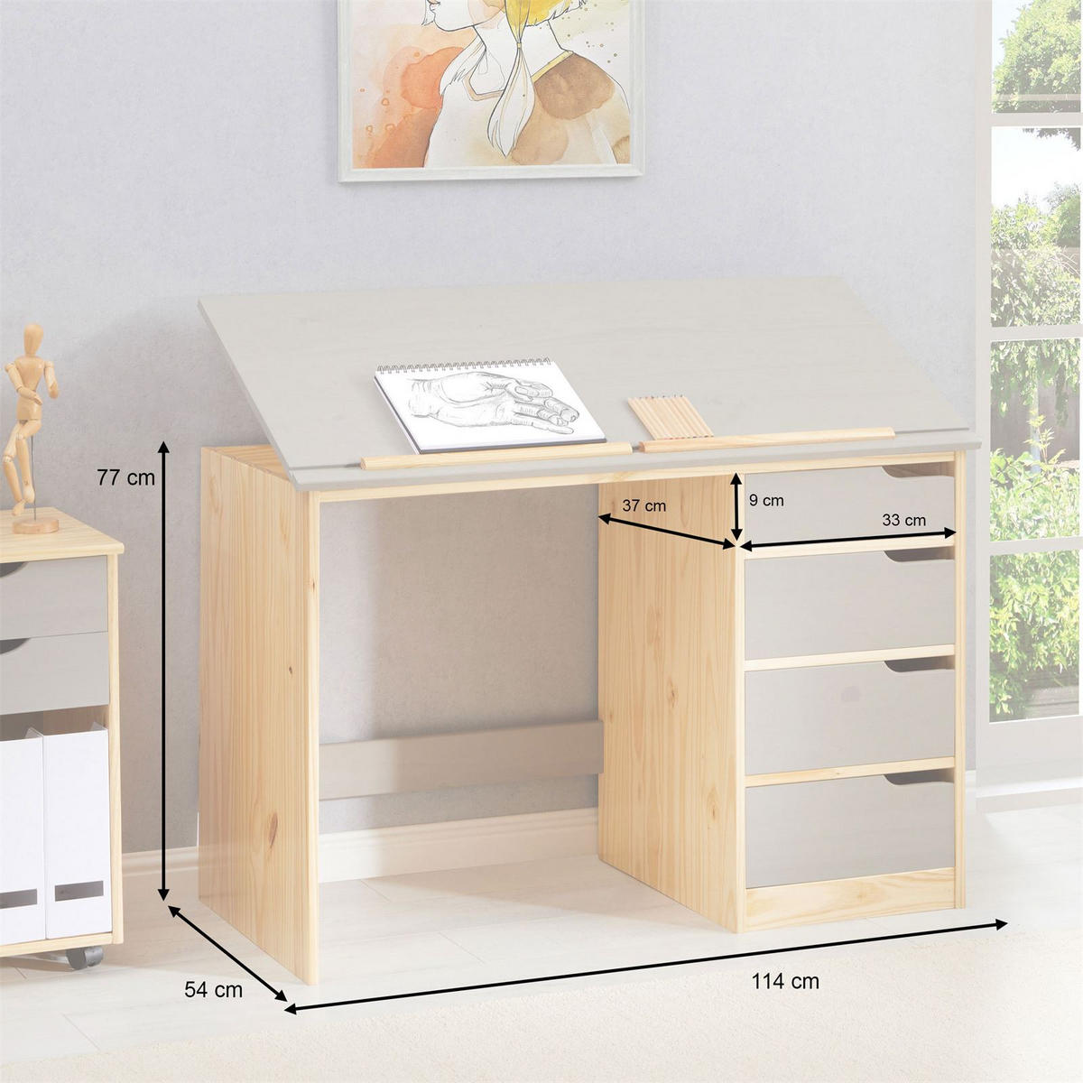 KINDERSCHREIBTISCH EMMA - Naturfarben/Grau, Holz (114/76/55cm) - IDIMEX