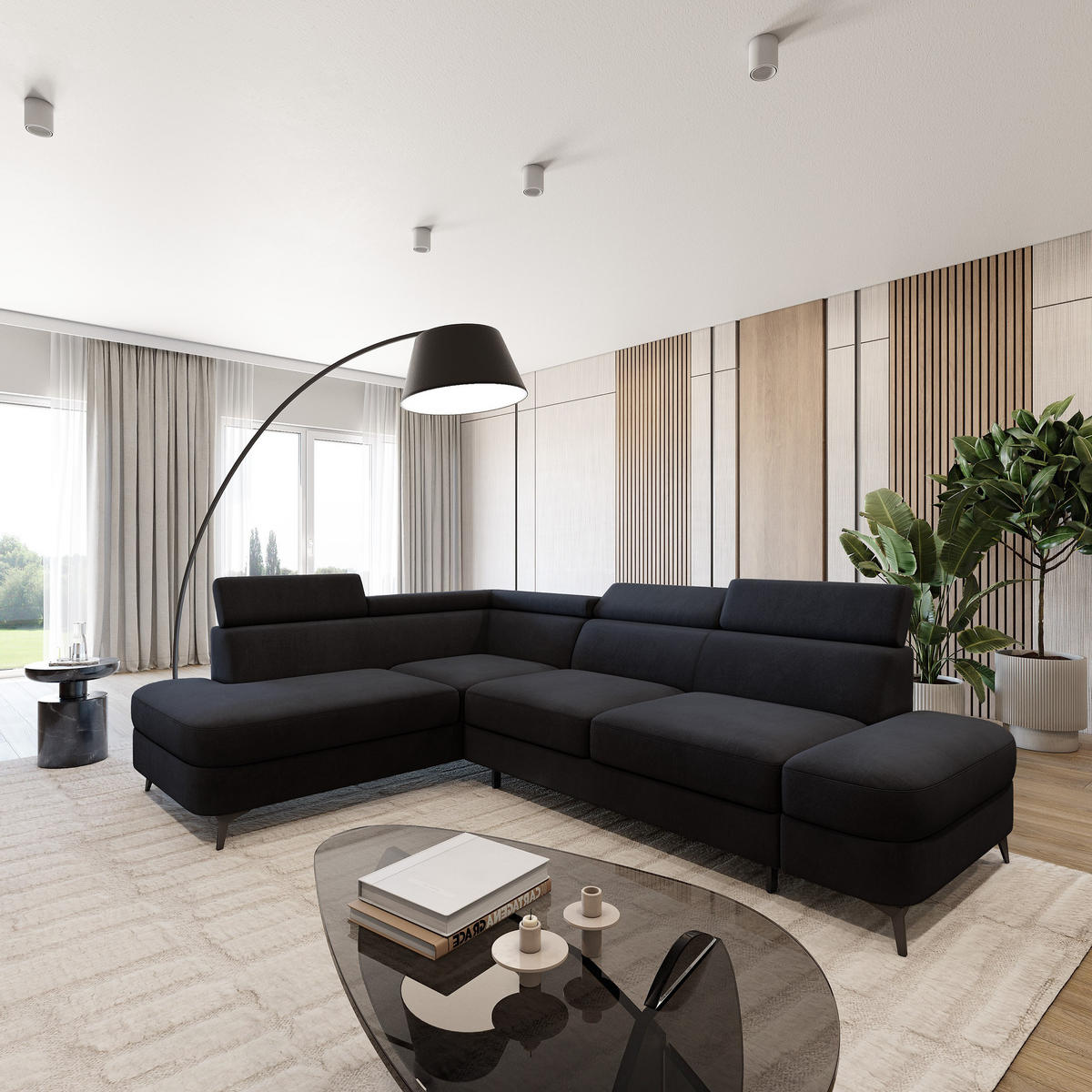 ECKSOFA AVISE MV L-S Schwarz Velours-Stoff mit Schlaffunktion - Schwarz, Holzwerkstoff/Textil (268/195cm) - MASSENO