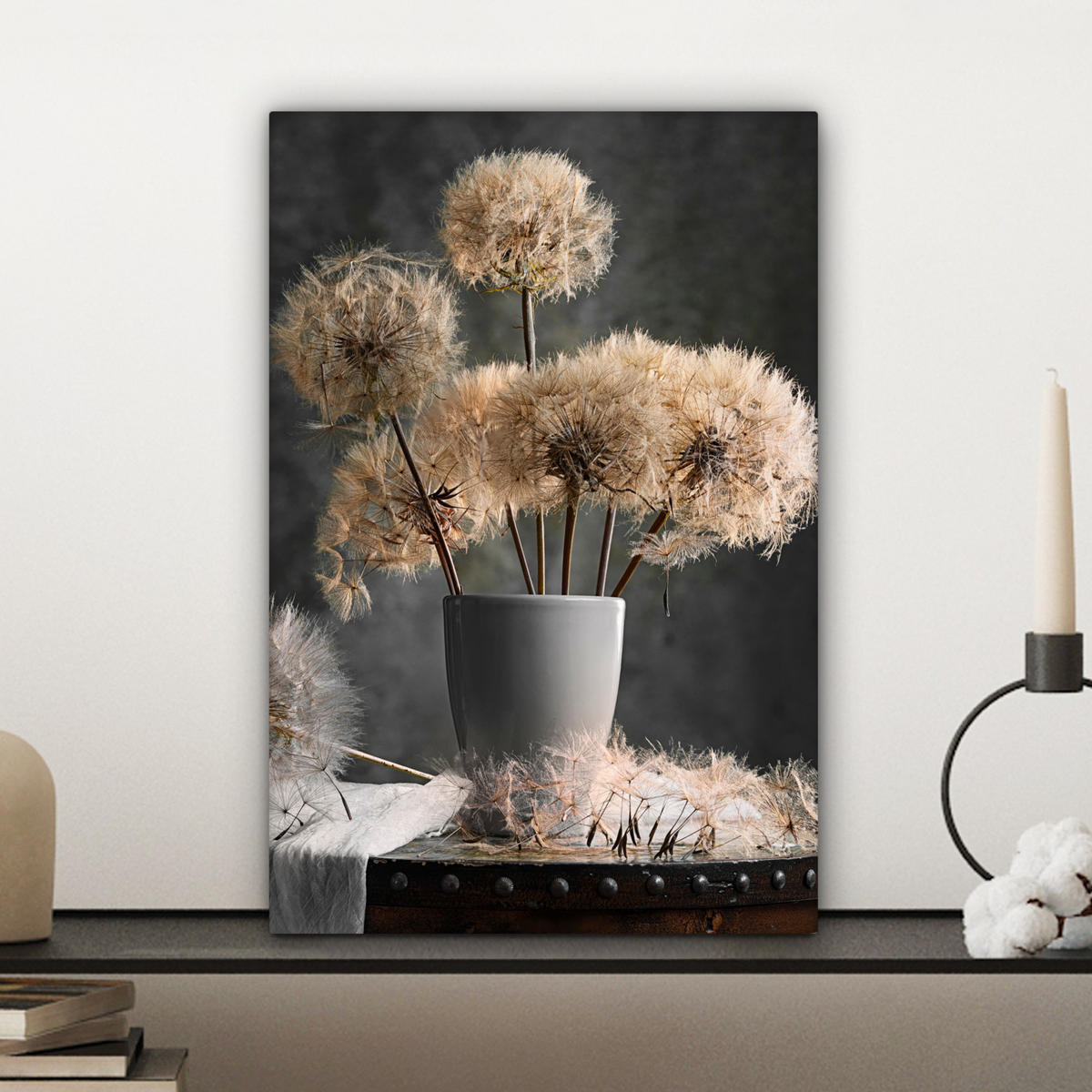 LEINWANDBILD Blumensamen - Löwenzahn - Vase - Stilleben - Blumenstrauß 20x30 cm - Dunkelgrau, Textil (20/30cm) - MuchoWow