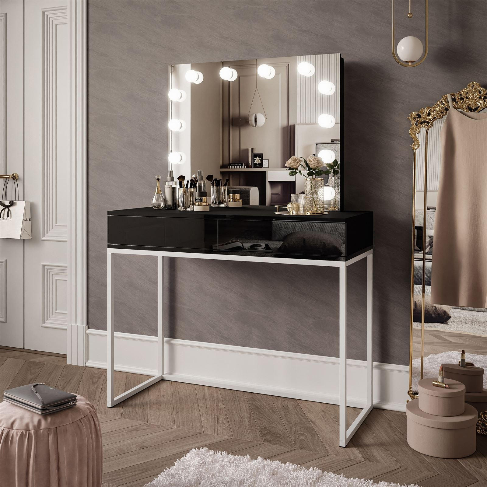 SCHMINKTISCH BLANCO LOFT ELITE mit Spiegel und Beleuchtung Schwarz Hochglanz PUSH OPEN - Schwarz Hochglanz/Silberfarben, Holzwerkstoff (100/146/42cm) - Lookway