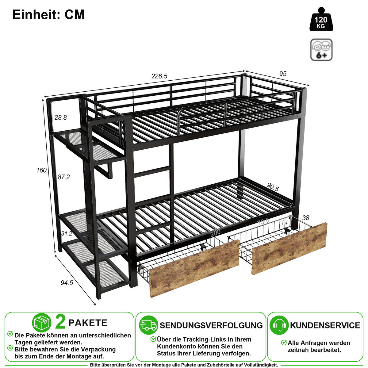 ETAGENBETT 90/200 cm in Schwarz mit 2 Schubladen, LED und Ablagen - Schwarz, Holzwerkstoff/Metall (90/200cm) - CHICFURN