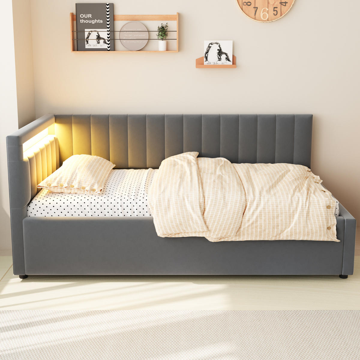POLSTERBETT Schlafsofa 90/200 cm mit LED-Beleuchtung, hydraulischem Stauraum und Samtbezug, Grau - Grau, Textil (90/200cm) - Redom