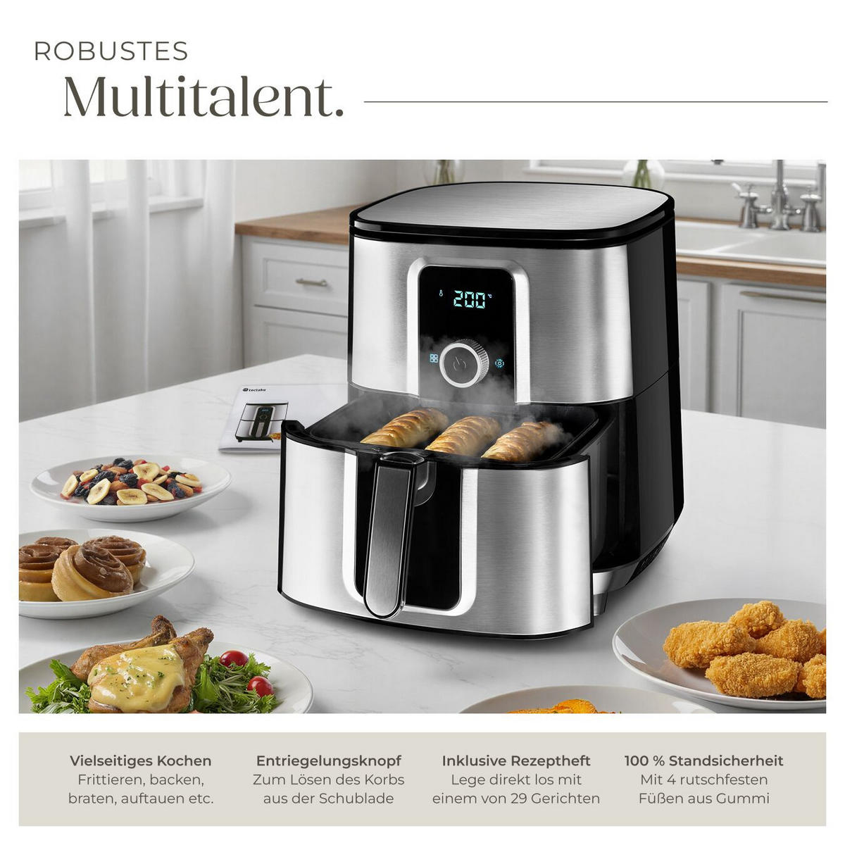 HEISSLUFTFRITTEUSE Ben, inklusive Rezeptheft, silber - Silberfarben, Textil (42.5/37/31cm) - tectake